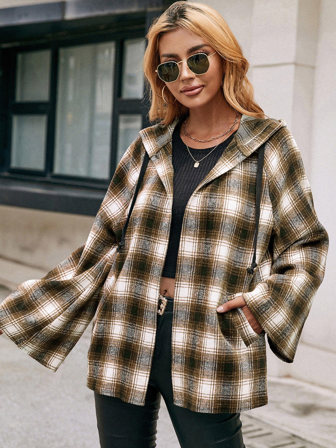 Blue Zone Planet | Pocketed Plaid Long Sleeve Hooded Jacket-TOPS / DRESSES-[Adult]-[Female]-2022 Online Blue Zone Planet