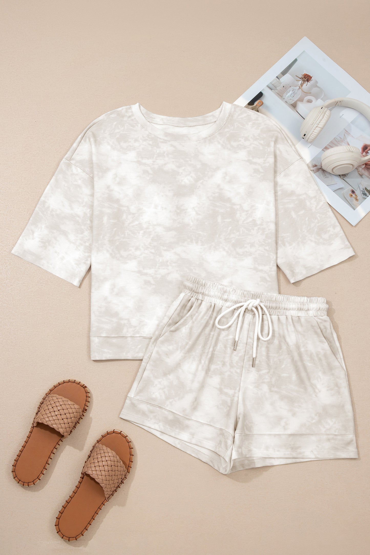 Beige Vintage Tie Dye Bracelet Sleeve Drawstring Elastic Waist 2pcs Short Set-Bracelet-[Adult]-[Female]-2022 Online Blue Zone Planet