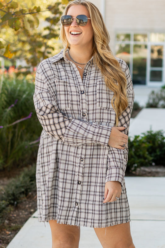 Blue Zone Planet | White Stripe Plus Size Plaid Buttoned Raw Hem Tunic Shirt Dress-TOPS / DRESSES-[Adult]-[Female]-White Stripe-1X-2022 Online Blue Zone Planet