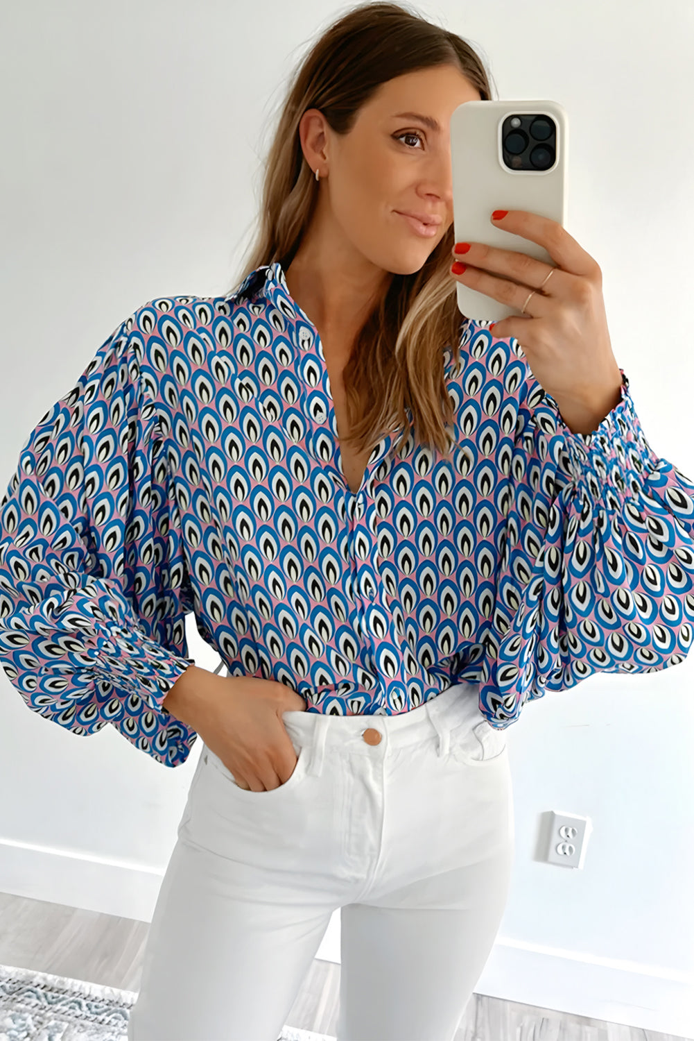 Sky Blue Abstract Print Shirred Cuff Buttoned Oversized Shirt-Tops/Blouses & Shirts-[Adult]-[Female]-2022 Online Blue Zone Planet