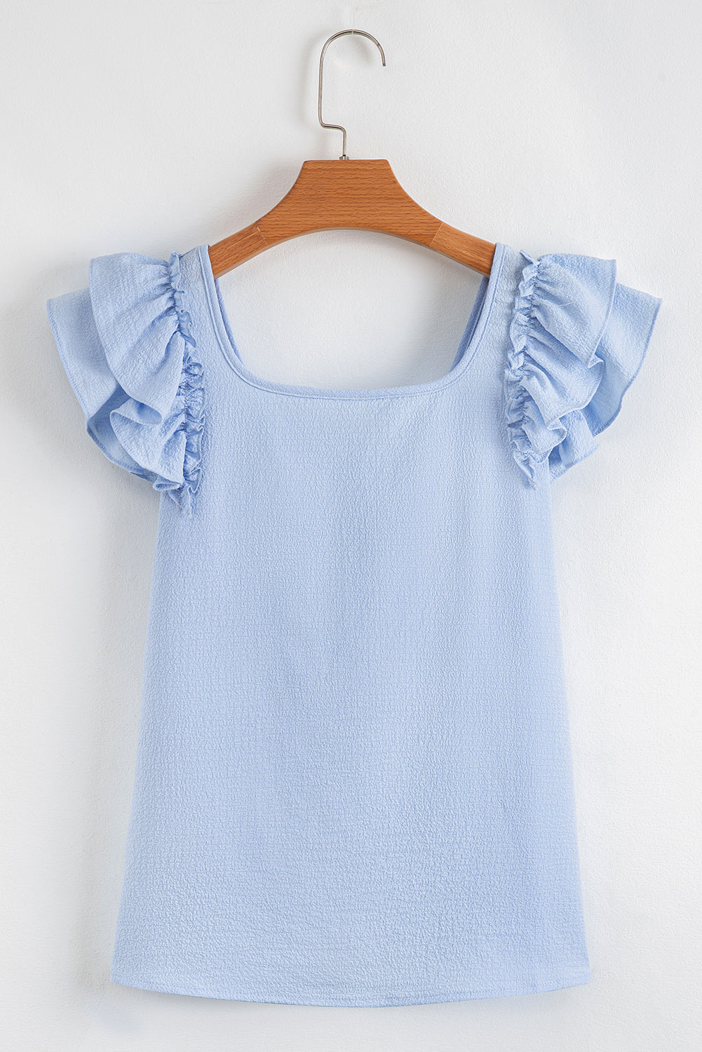 Beau Blue Textured Bow Knot Frilled Butterfly Sleeve Blouse-Tops/Blouses & Shirts-[Adult]-[Female]-2022 Online Blue Zone Planet