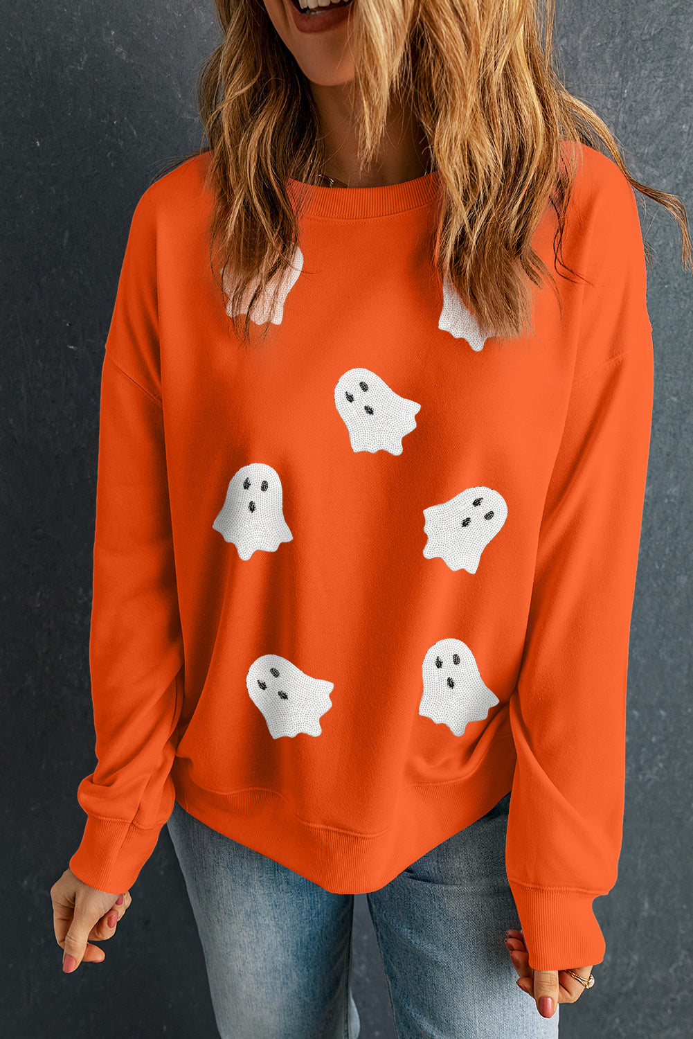 Orange Sequin Halloween Ghost Patched Drop Shoulder Sweatshirt-Graphic/Graphic Sweatshirts-[Adult]-[Female]-2022 Online Blue Zone Planet