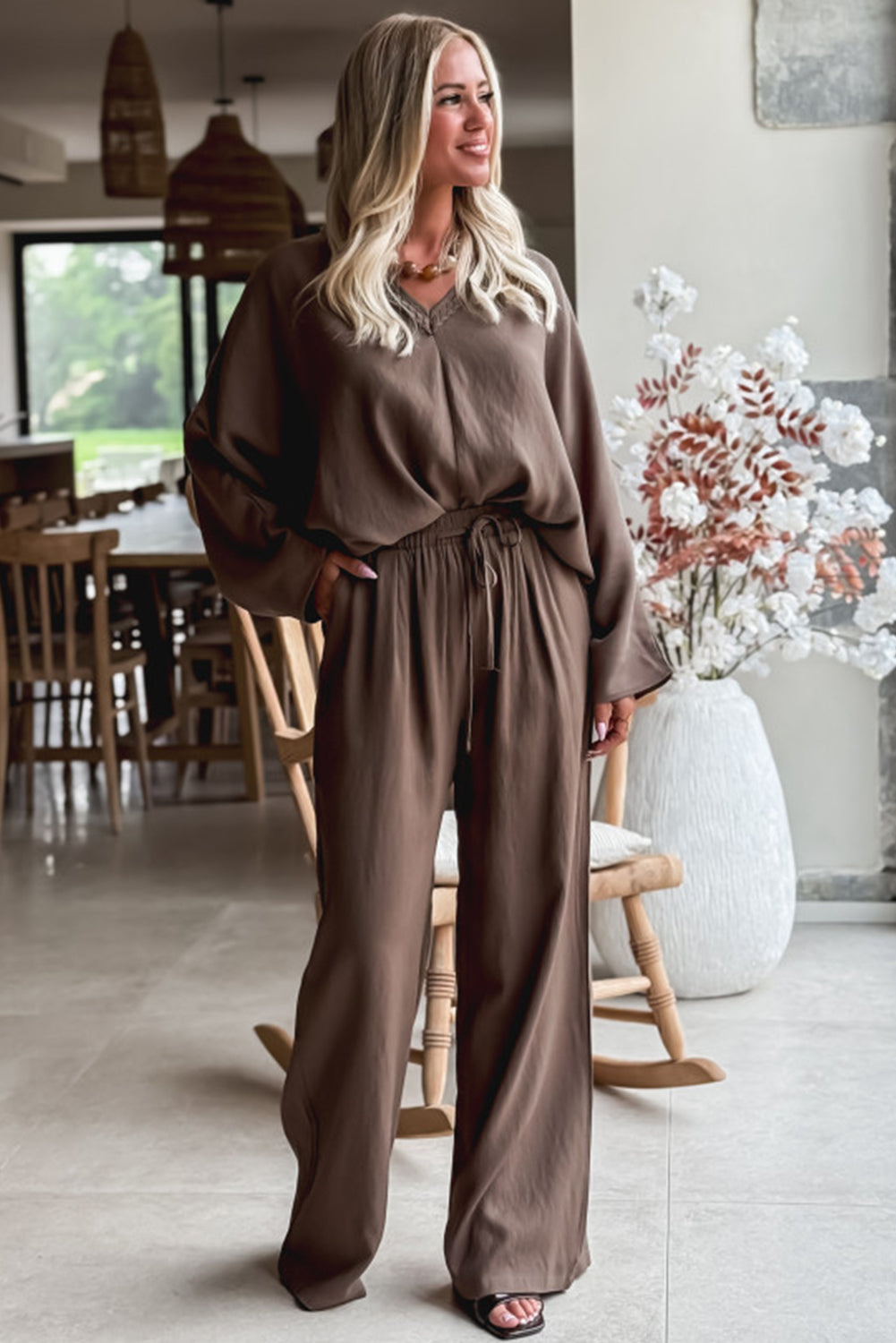 Dark Brown Braided V Neck Long Sleeve Loose Top and Drawstring High Waist Pants 2pcs Outfit-Two Piece Sets/Pant Sets-[Adult]-[Female]-2022 Online Blue Zone Planet