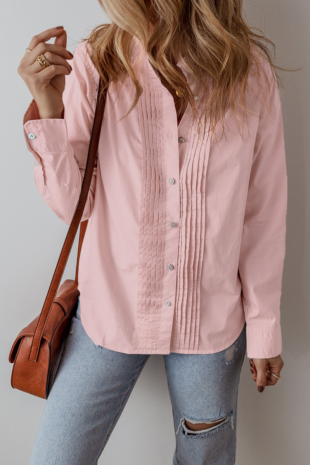 Light Pink Pleated Button-Up Loose Fit Casual Shirt-Tops/Blouses & Shirts-[Adult]-[Female]-Light Pink-S-2022 Online Blue Zone Planet