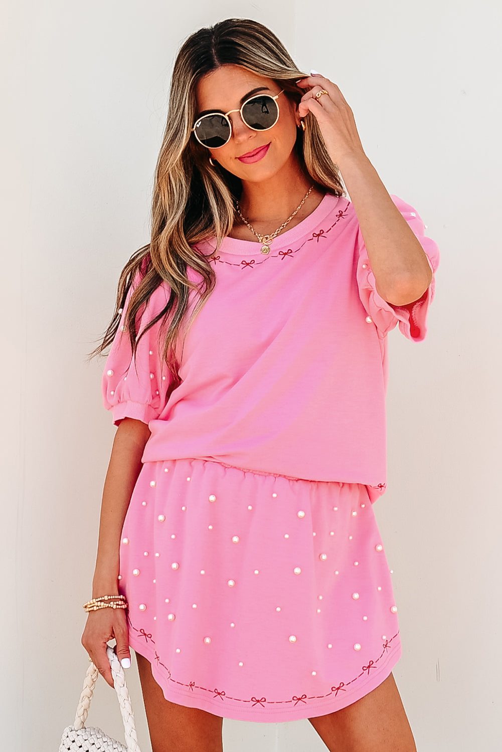 Pink Contrast Bow Trim Pearl Puff Sleeve Blouse and Skort 2pcs Set-Two Piece Sets/Short Sets-[Adult]-[Female]-2022 Online Blue Zone Planet