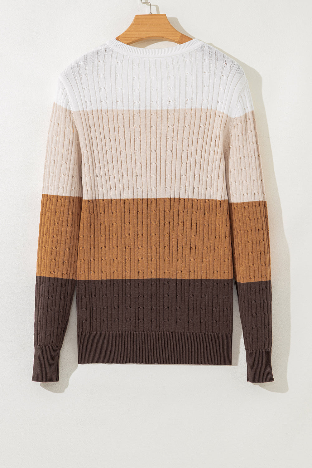Khaki Colorblock Cable Knit Round Neck Sweater-TOPS / DRESSES-[Adult]-[Female]-2022 Online Blue Zone Planet