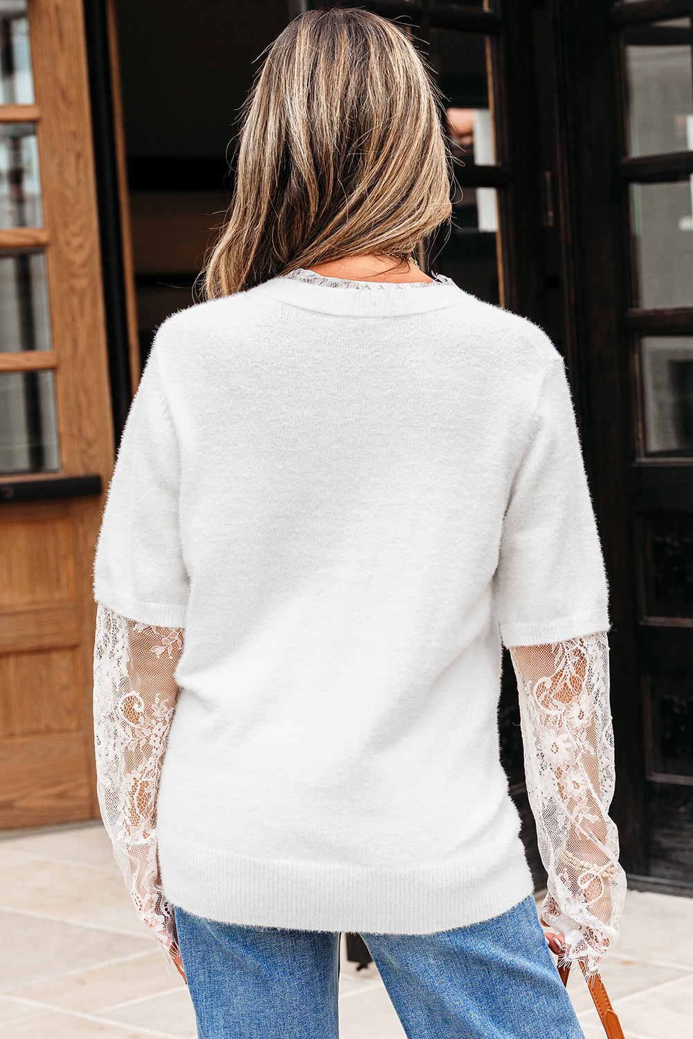 Beige Lace Sleeve Patchwork Faux Two-piece Fuzzy Sweater-TOPS / DRESSES-[Adult]-[Female]-2022 Online Blue Zone Planet