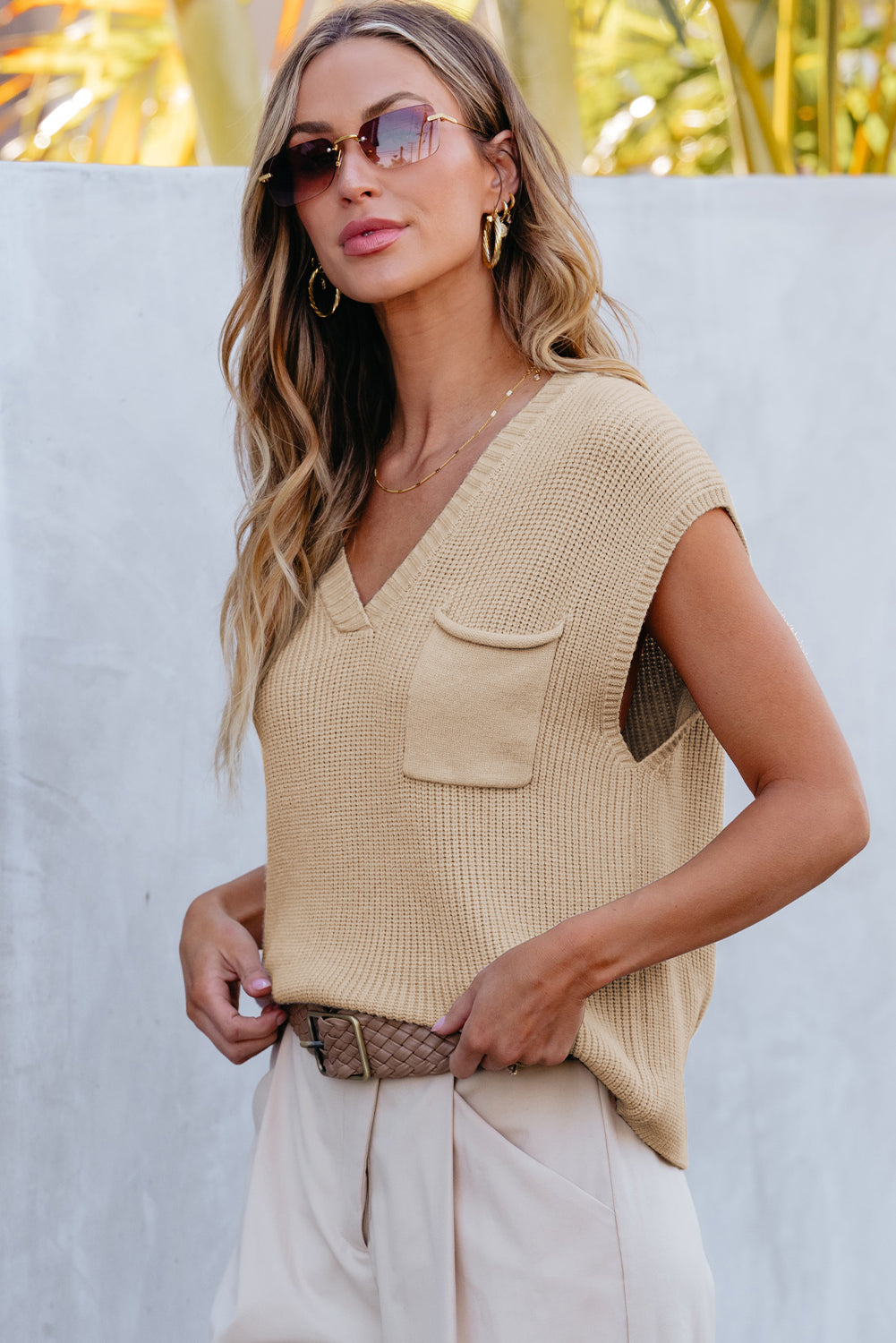 Apricot Chest Pocket V Neck Ribbed Cap Sleeve Sweater-TOPS / DRESSES-[Adult]-[Female]-2022 Online Blue Zone Planet