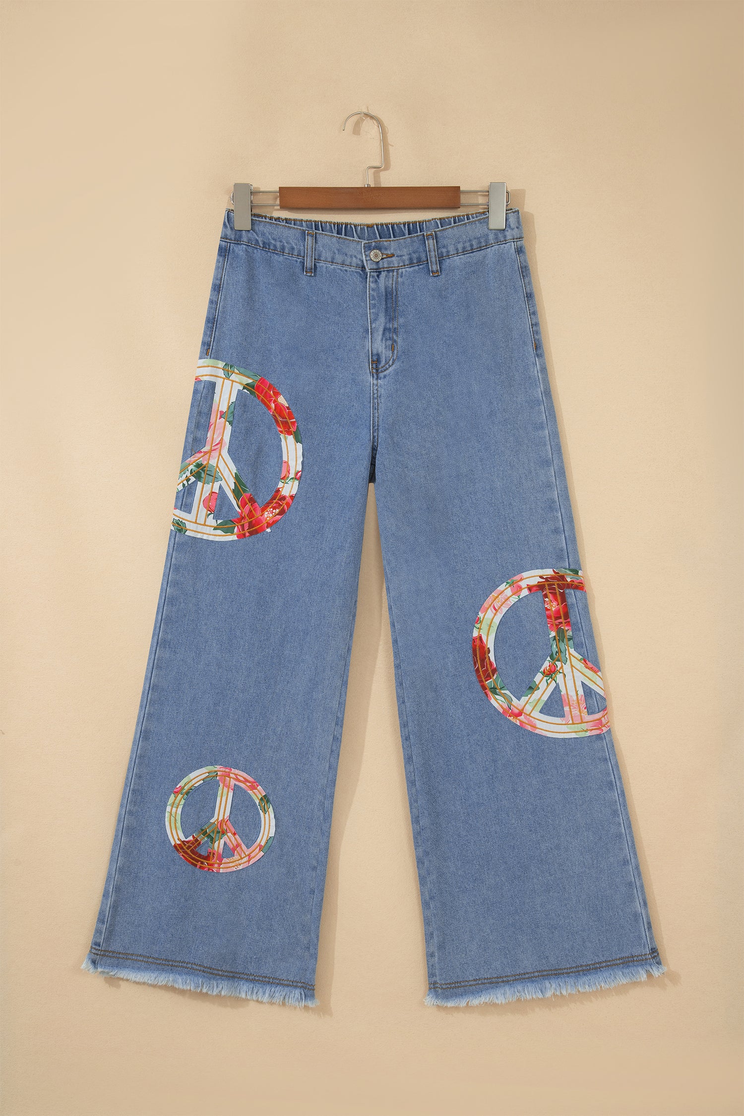 Myosotis Floral Peace Sign Embroidered Patch Wide Leg Jeans-Bottoms/Jeans-[Adult]-[Female]-2022 Online Blue Zone Planet