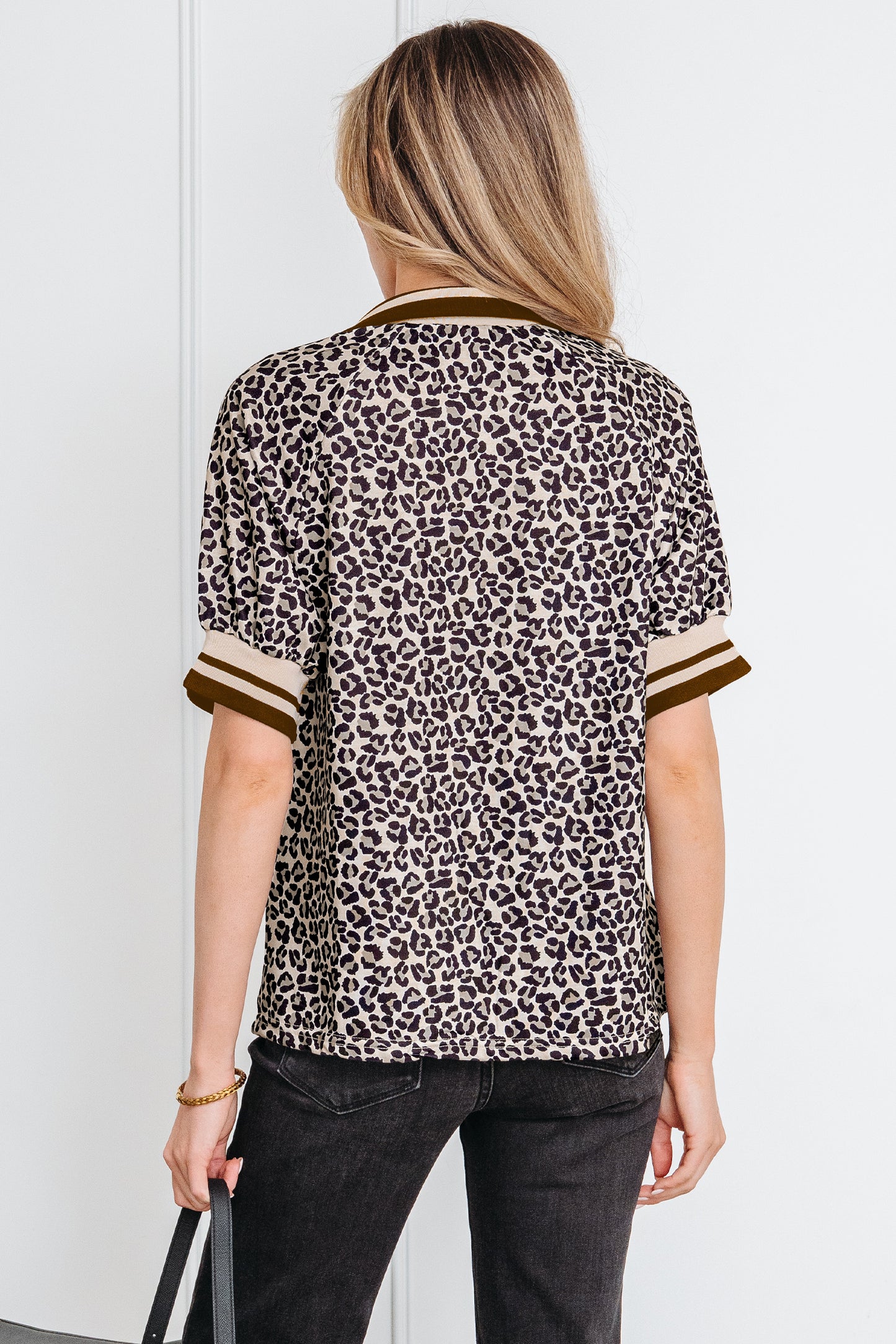 Khaki Leopard Print Half Zip Striped Trim Patchwork Short Sleeve Top-Tops/Blouses & Shirts-[Adult]-[Female]-2022 Online Blue Zone Planet