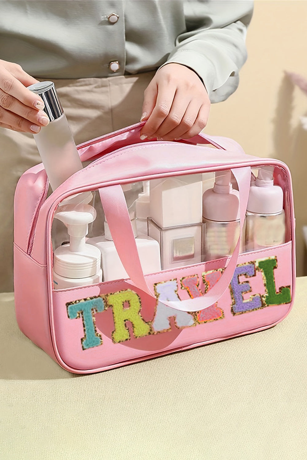 Light Pink Travel Chenille Letter Clear Pvc Makeup Bag-Shoes & Bags/Makeup Bags-[Adult]-[Female]-Light Pink-ONE SIZE-2022 Online Blue Zone Planet