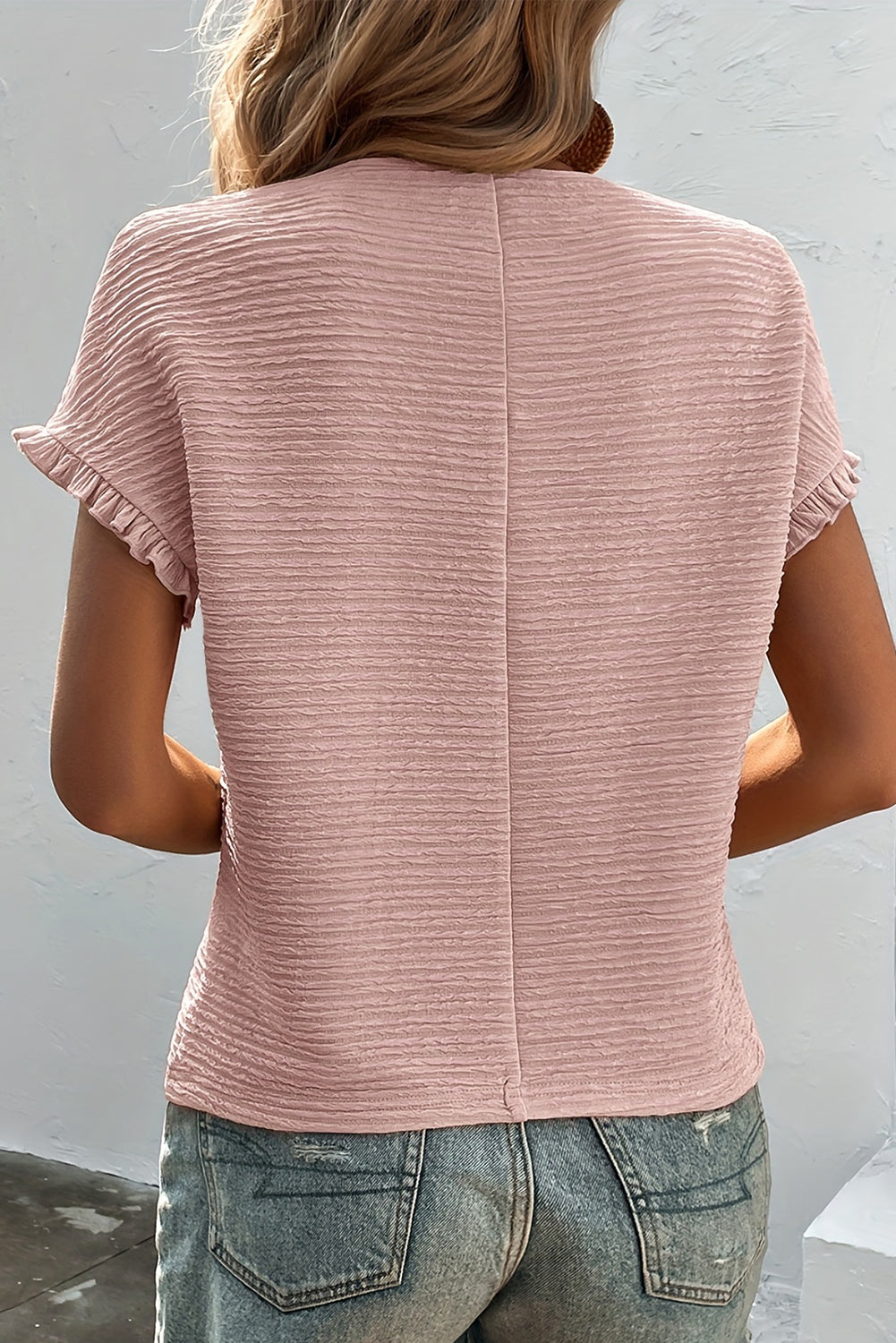 Light Pink Solid Textured Ruffled Short Sleeve Blouse-Tops/Blouses & Shirts-[Adult]-[Female]-2022 Online Blue Zone Planet