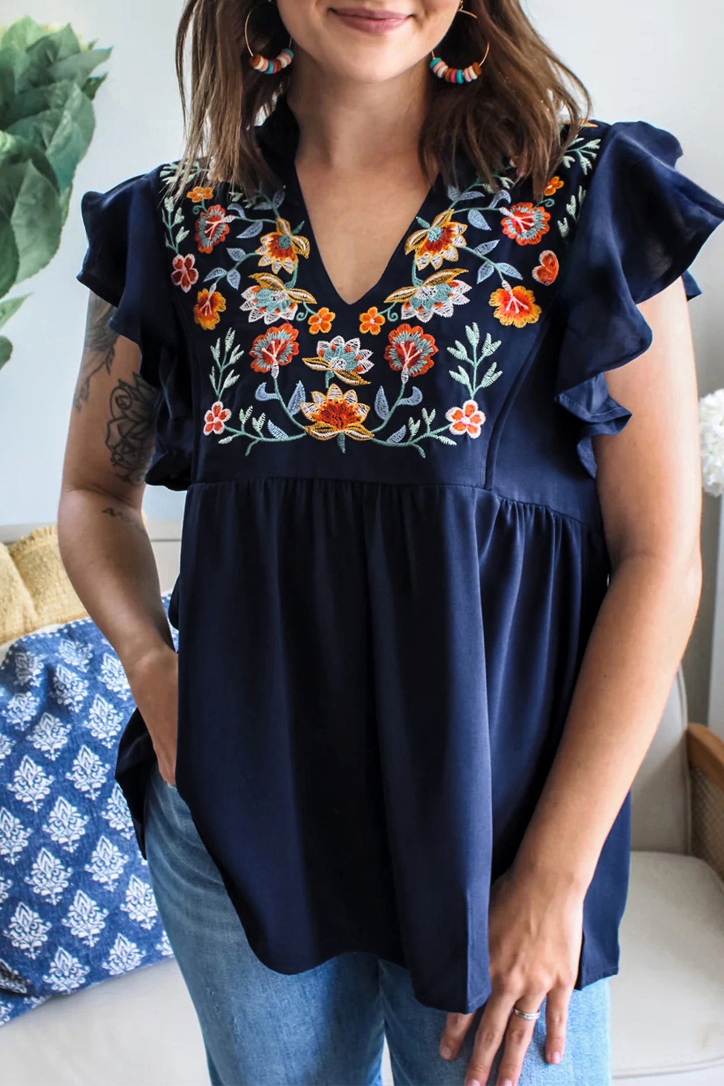 Dirty Blue V Neck Ruffled Sleeve Floral Embroidered Detail Babydoll Blouse-Tops/Blouses & Shirts-[Adult]-[Female]-Dirty blue-S-2022 Online Blue Zone Planet