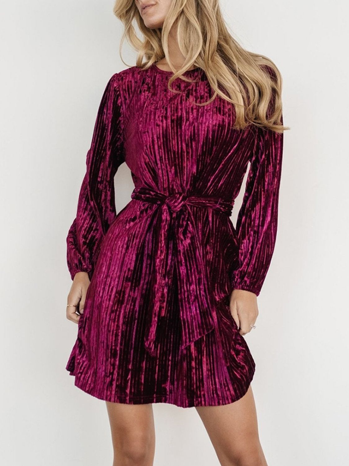 Velvet Round Neck Tie Waist Long Sleeve Mini Dress-TOPS / DRESSES-[Adult]-[Female]-Deep Purple-S-2022 Online Blue Zone Planet