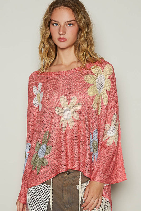 POL Flower Dropped Shoulder Long Sleeve Knit Top-TOPS / DRESSES-[Adult]-[Female]-Burnt Coral-S-2022 Online Blue Zone Planet