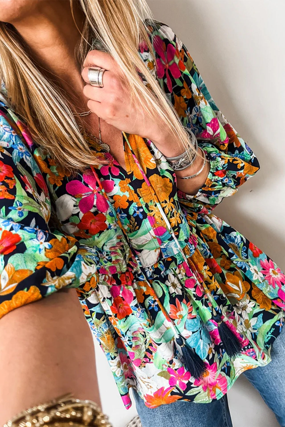 Floral Tie Neck Balloon Sleeve Blouse-TOPS / DRESSES-[Adult]-[Female]-2022 Online Blue Zone Planet