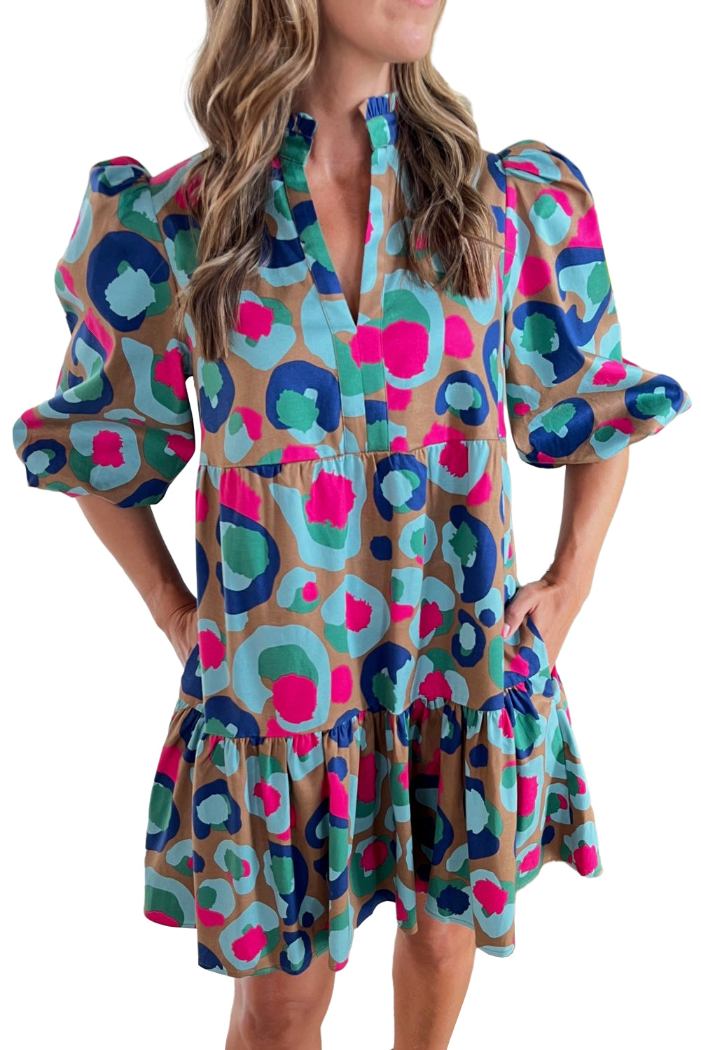 Blue Zone Planet |  Green Leopard Print Bubble Sleeve Slit Neck Ruffled Dress Blue Zone Planet