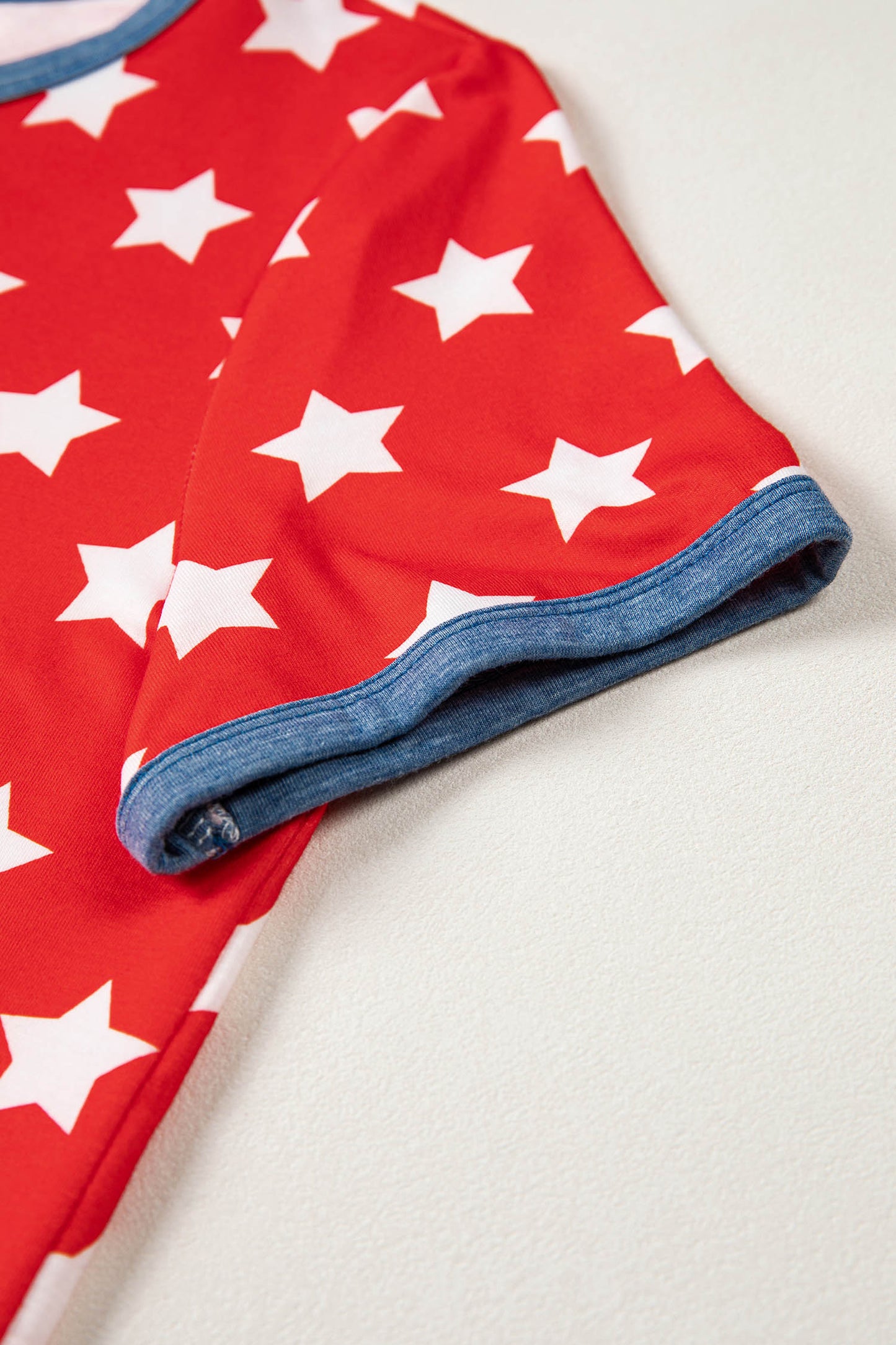 Red Stars Print Colorblock Binding Tape Collar Cuff Viscose Tunic Top-Tops/Tops & Tees-[Adult]-[Female]-2022 Online Blue Zone Planet