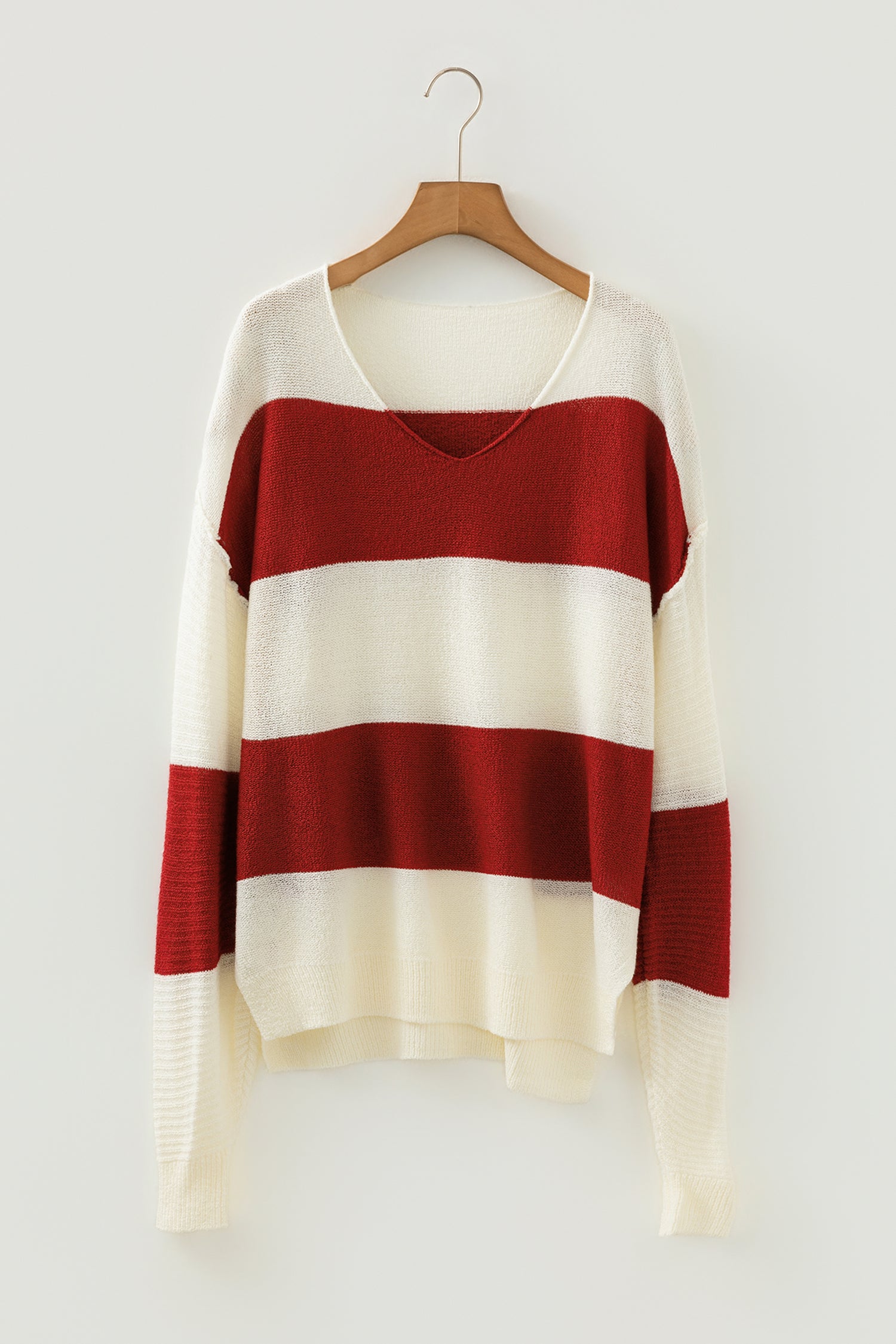 Red Stripe Loose Color Block Drop Shoulder Bubble Sleeve Sweater-TOPS / DRESSES-[Adult]-[Female]-2022 Online Blue Zone Planet