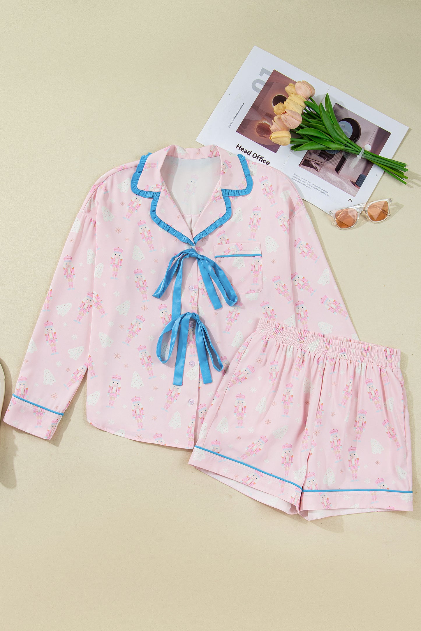 Pink Bow Tie Front Christmas Nutcracker Long Sleeve Shirt Shorts Pajama Set-Loungewear & Sleepwear/Sleepwear-[Adult]-[Female]-2022 Online Blue Zone Planet