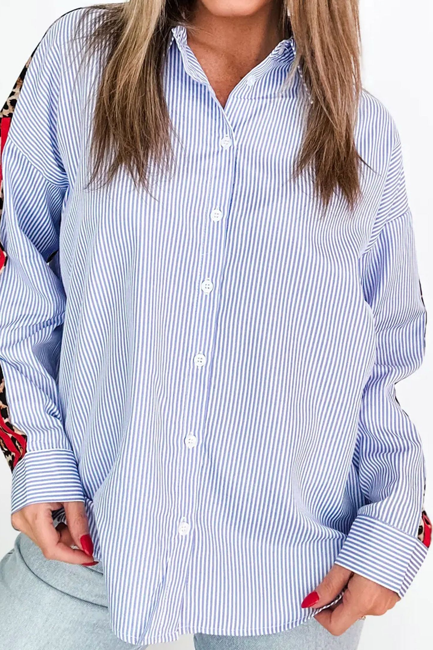 Sky Blue Stripe Contrasted Varsity Stripe Leopard Patchwork Button Down Shirt-Tops/Blouses & Shirts-[Adult]-[Female]-2022 Online Blue Zone Planet