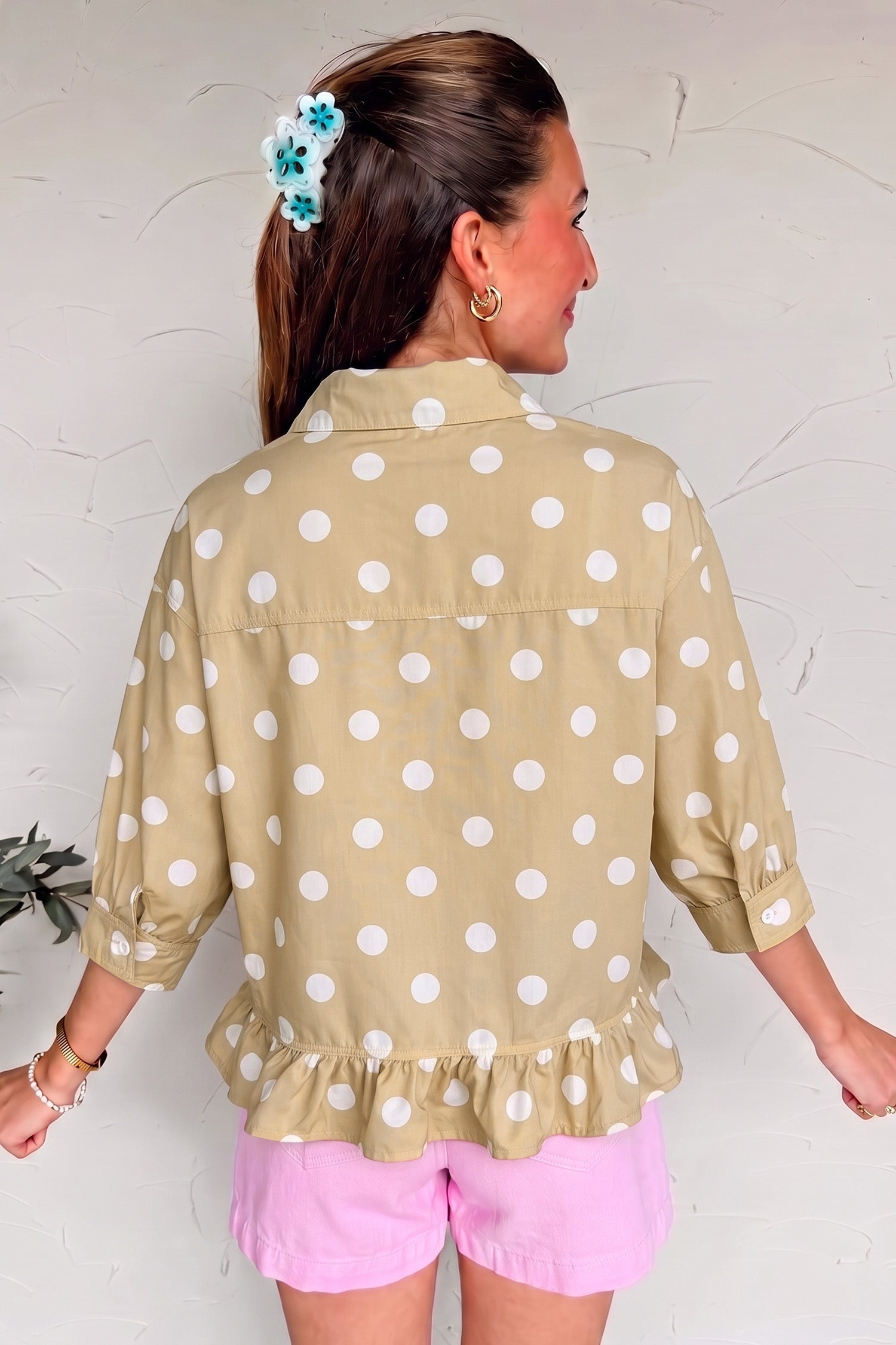 Khaki Polka Dot Print Three Quarter Sleeve Ruffle Hem Casual Shirt-Tops/Blouses & Shirts-[Adult]-[Female]-2022 Online Blue Zone Planet