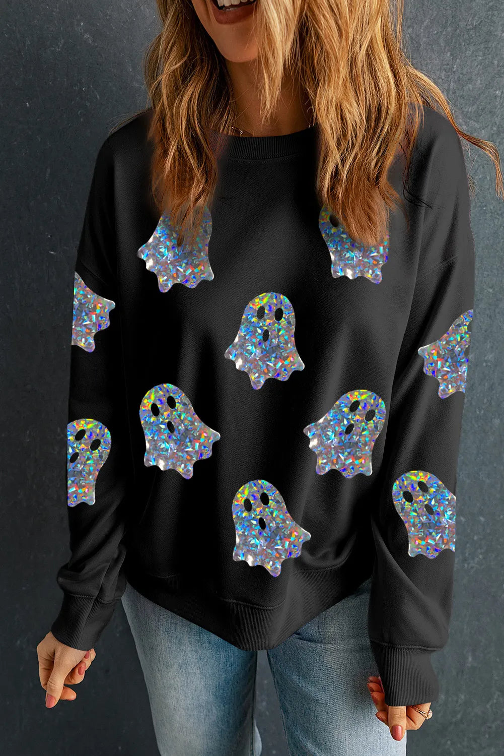 Ghost Round Neck Long Sleeve Sweatshirt-TOPS / DRESSES-[Adult]-[Female]-Black-S-2022 Online Blue Zone Planet