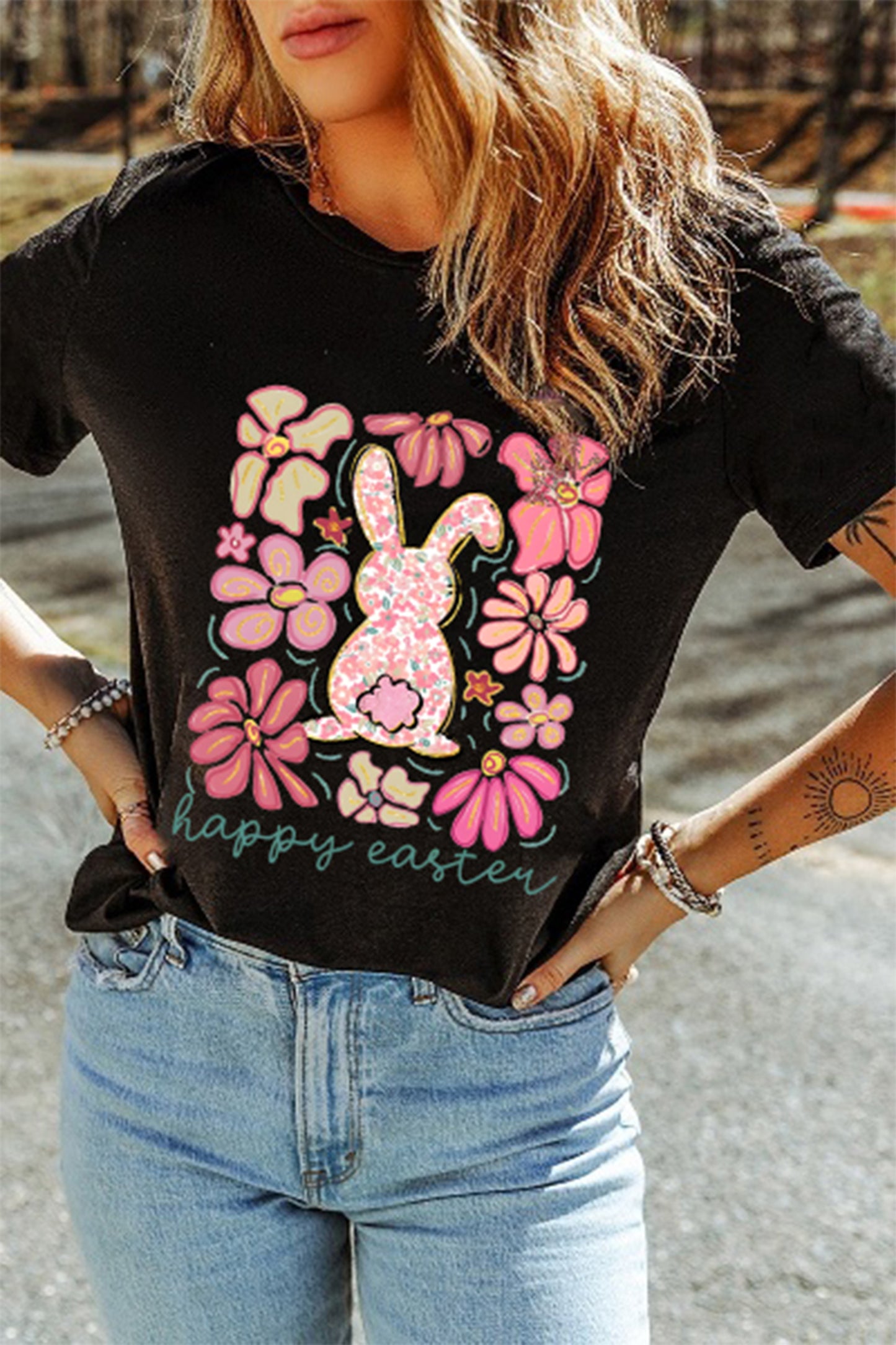 Black Happy Easter Bunny Flower Printed Casual Tee-Graphic Tees-[Adult]-[Female]-2022 Online Blue Zone Planet