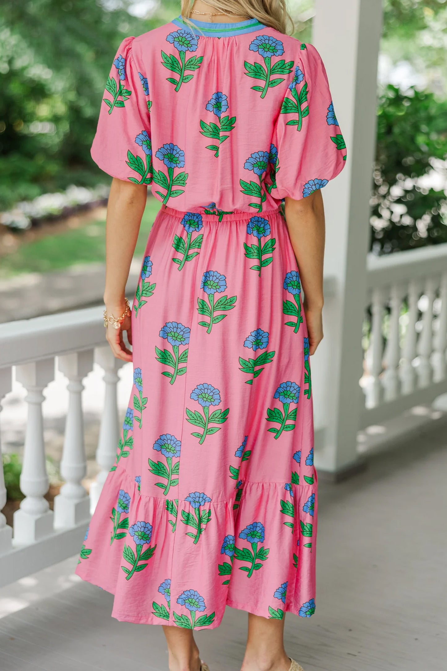 Pink Plus Size Striped V Neck Ruffled Floral Long Dress-Plus Size/Plus Size Dresses/Plus Size Maxi Dresses-[Adult]-[Female]-2022 Online Blue Zone Planet