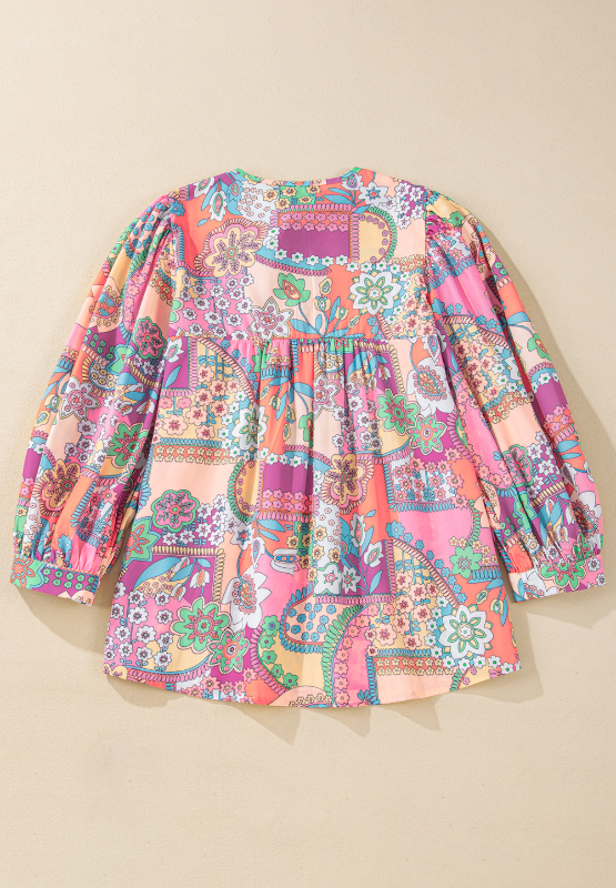 Printed Tie Neck Three-Quarter Sleeve Blouse-TOPS / DRESSES-[Adult]-[Female]-2022 Online Blue Zone Planet