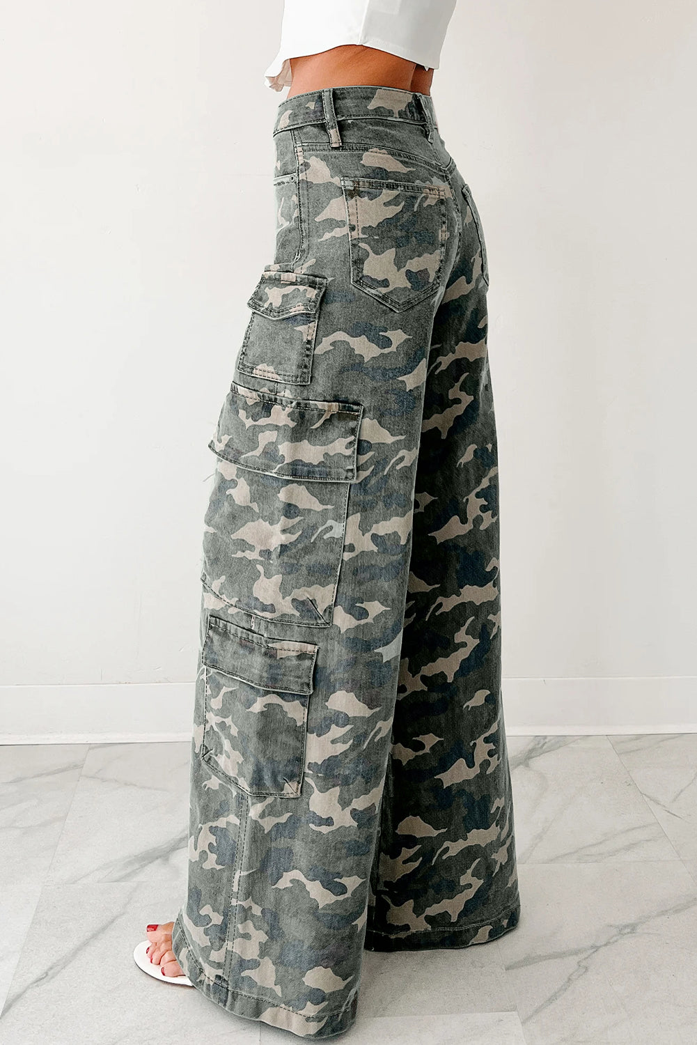 Green Camo Cargo Wide Leg Pants-Bottoms/Jeans-[Adult]-[Female]-2022 Online Blue Zone Planet