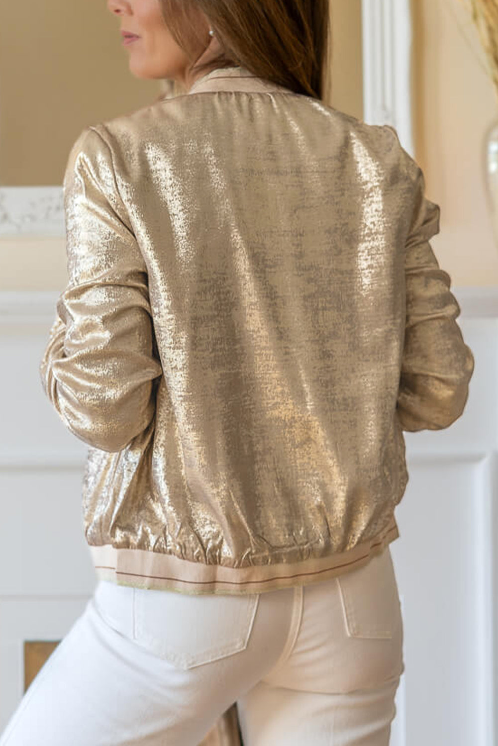 Pale Khaki Metallic Zip up Baseball Jacket-Outerwear/Jackets-[Adult]-[Female]-2022 Online Blue Zone Planet