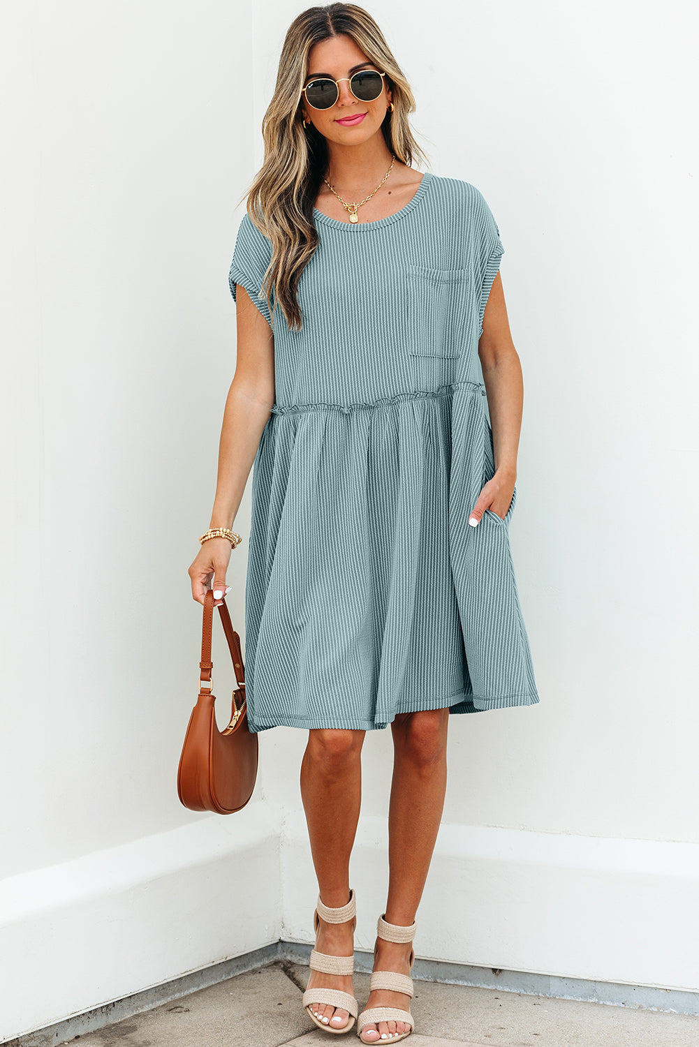 Canton Corded Knit Textured Patched Pocket Frilled Swing Mini Dress with Pockets-TOPS / DRESSES-[Adult]-[Female]-2022 Online Blue Zone Planet
