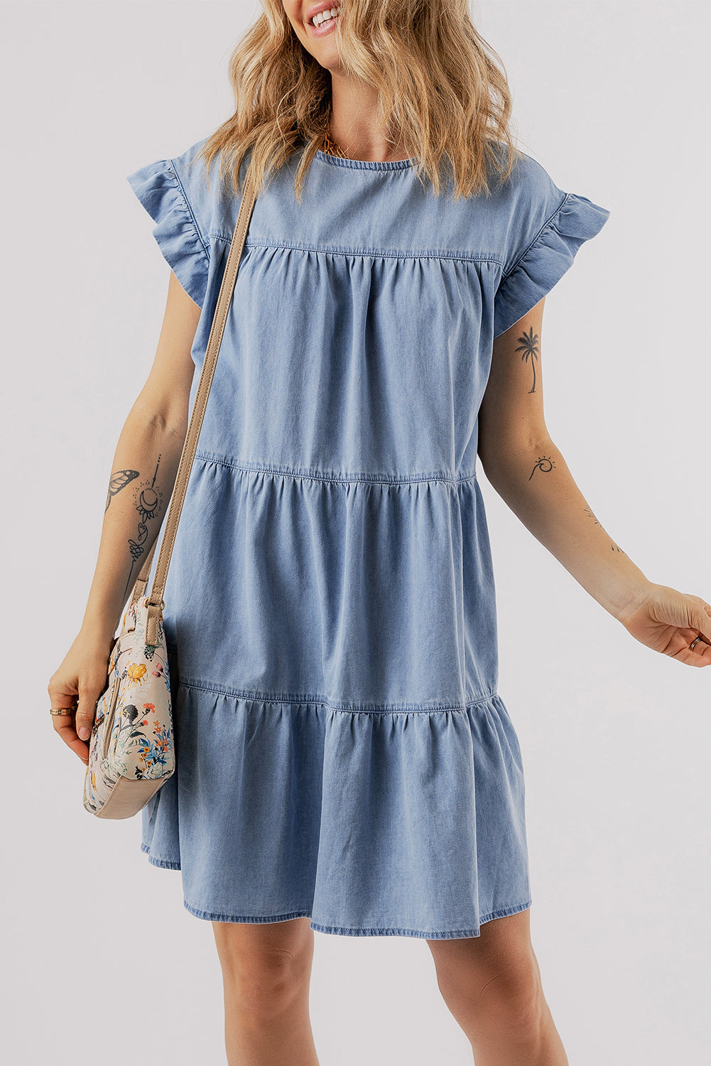 Blue Zone Planet | Beau Blue Ruffle Short Sleeve Tiered A-line Denim Dress-TOPS / DRESSES-[Adult]-[Female]-Beau Blue-S-2022 Online Blue Zone Planet