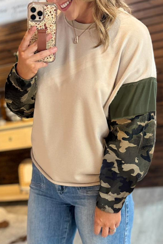 Apricot Camo Print Patchwork Sleeve Raw Hem Plus Size Sweatshirt-Plus Size/Plus Size Sweatshirts & Hoodies-[Adult]-[Female]-Apricot-1X-2022 Online Blue Zone Planet