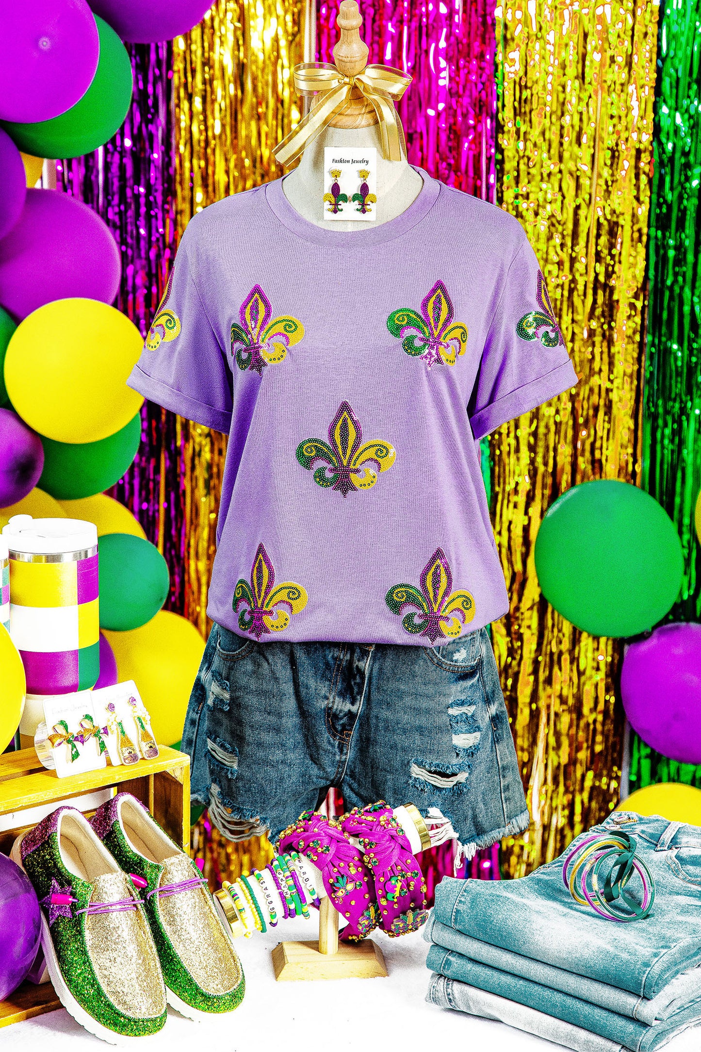 Wisteria Mardi Gras Sequined Pattern Holiday T Shirt-Graphic/Graphic Tees-[Adult]-[Female]-2022 Online Blue Zone Planet