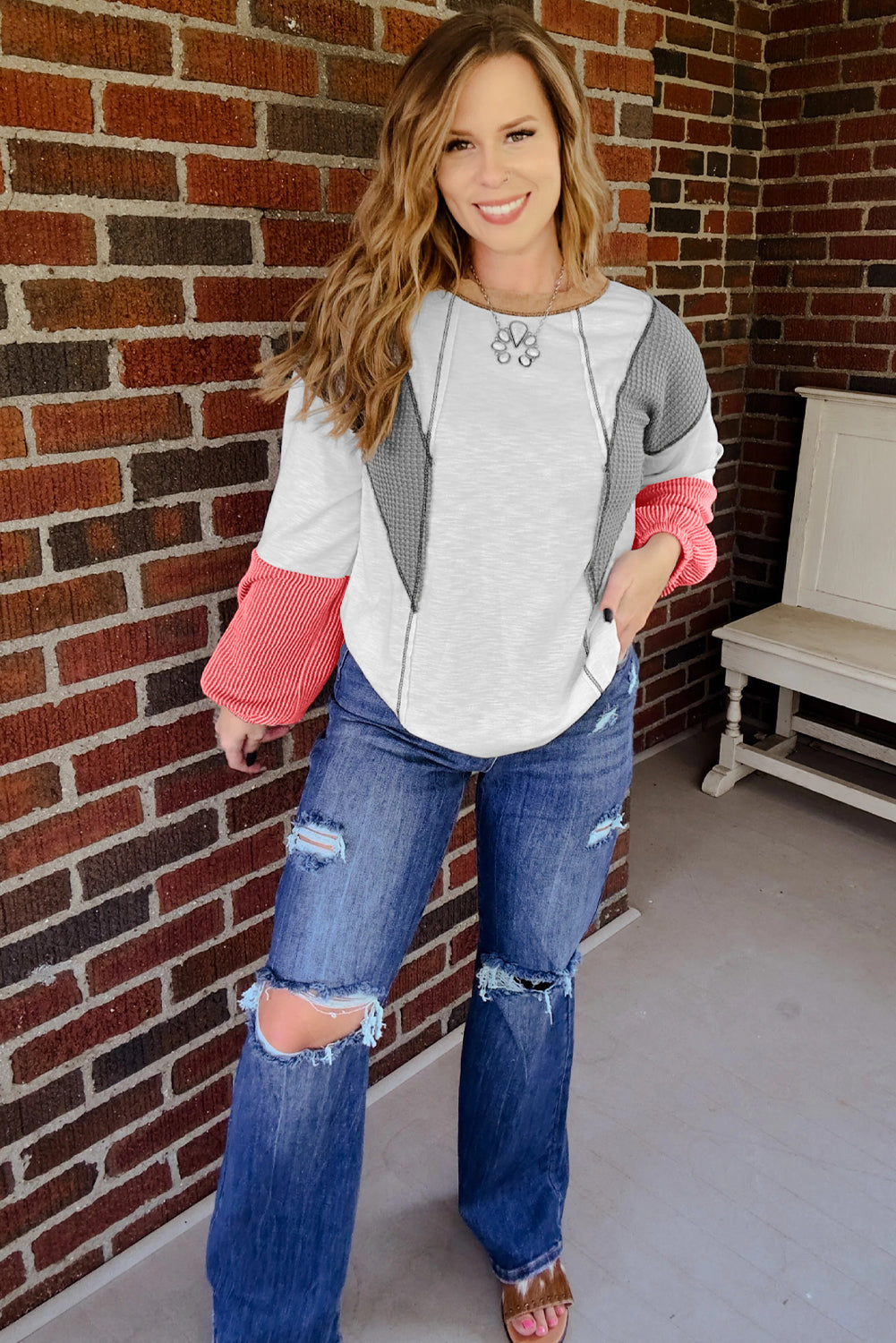 White Contrast Block Mixed Textured Knit Patchwork Casual Top-Tops/Long Sleeve Tops-[Adult]-[Female]-2022 Online Blue Zone Planet