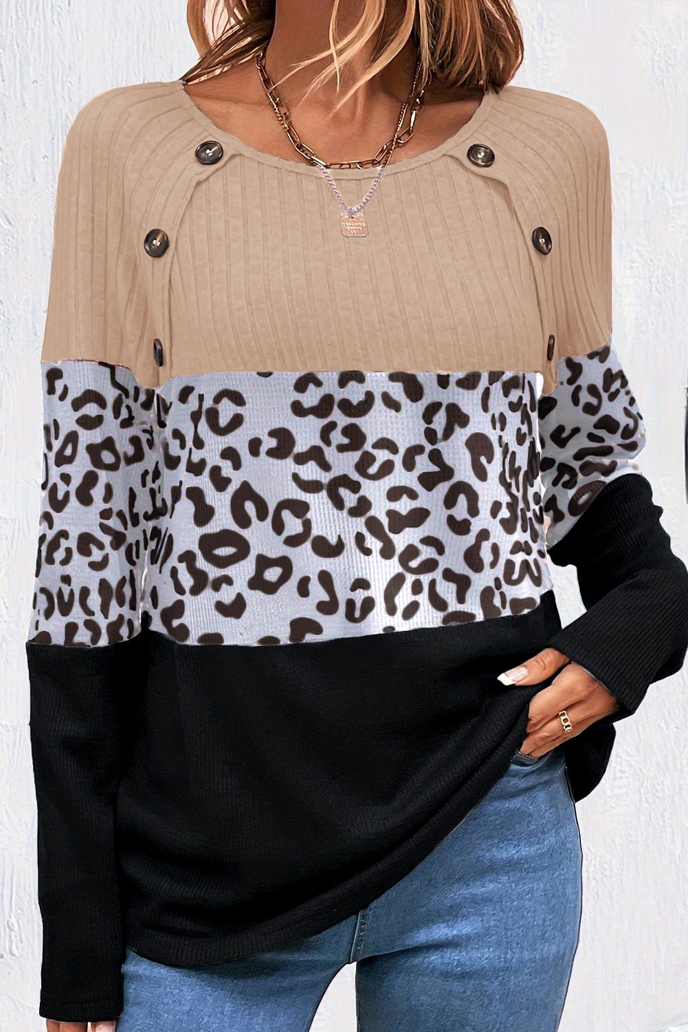 Black Cheetah Textured Patchwork Buttoned Round Neck T Shirt-Tops/Long Sleeve Tops-[Adult]-[Female]-2022 Online Blue Zone Planet