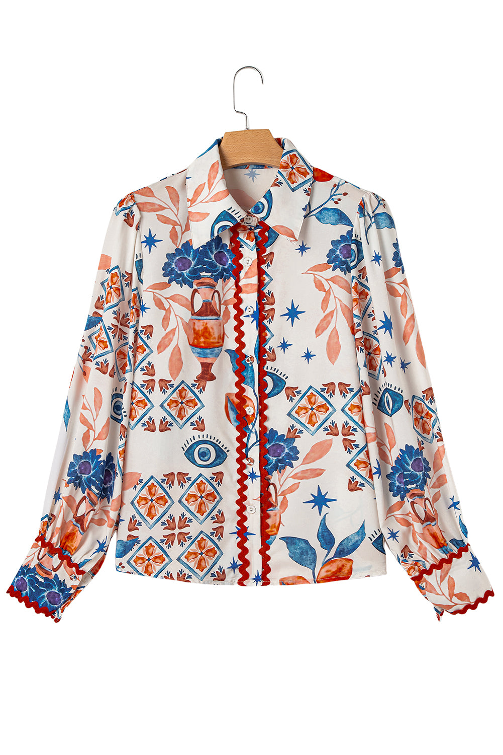 Multicolour Ethnic Floral Print Ricrac Button Down Shirt-Long Sleeve Tops-[Adult]-[Female]-2022 Online Blue Zone Planet