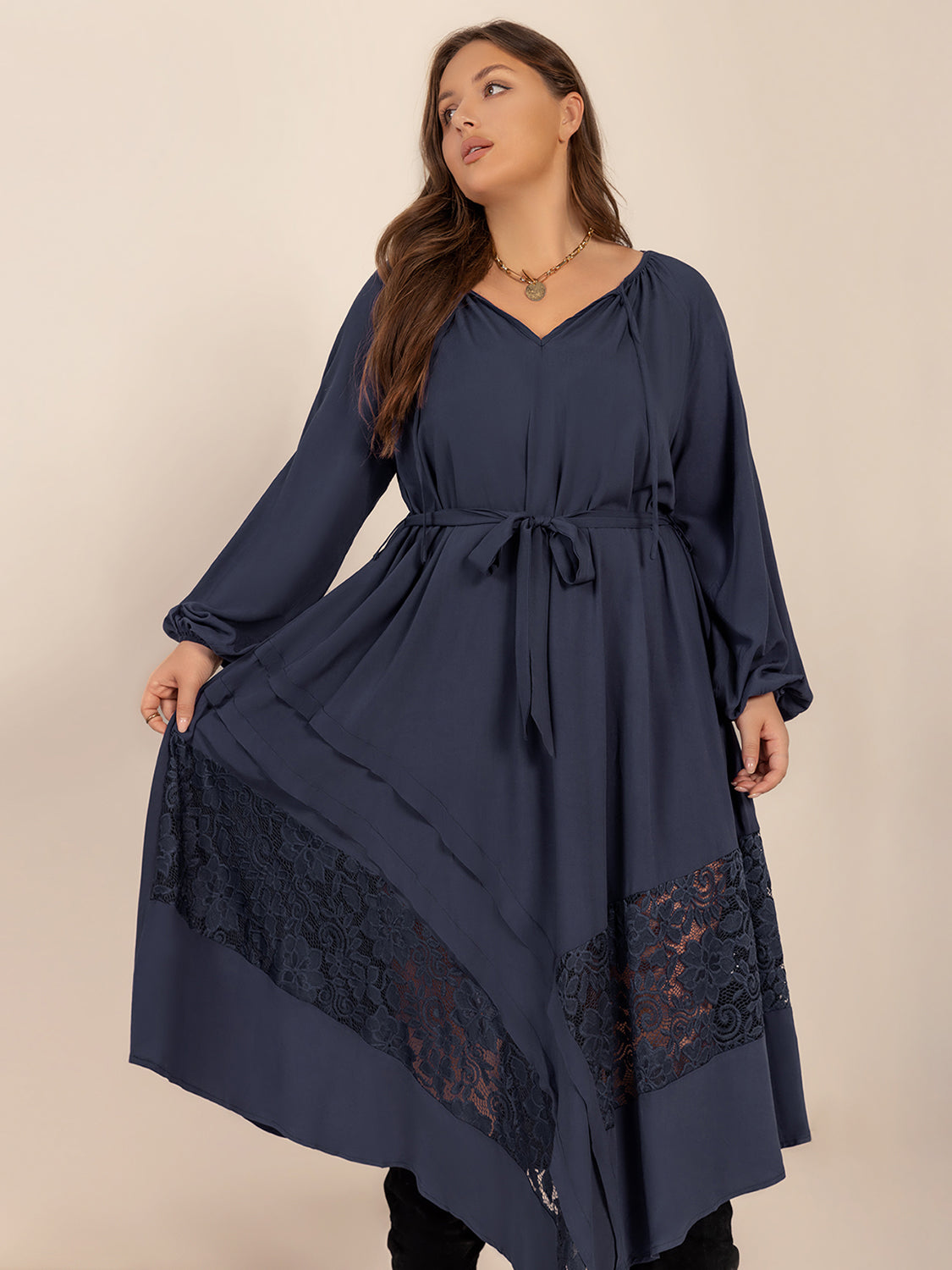 Blue Zone Planet | Plus Size Lace Detail Tie Neck Long Sleeve Midi Dress-TOPS / DRESSES-[Adult]-[Female]-2022 Online Blue Zone Planet