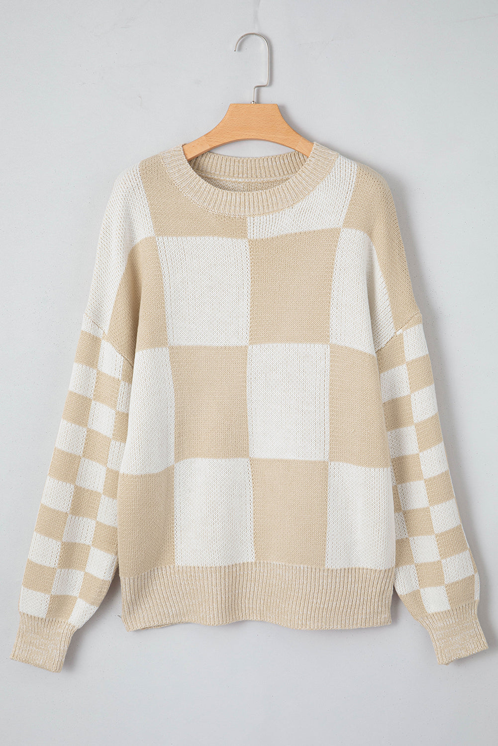 Flaxen Checkered Print Drop Shoulder Sweater-TOPS / DRESSES-[Adult]-[Female]-2022 Online Blue Zone Planet