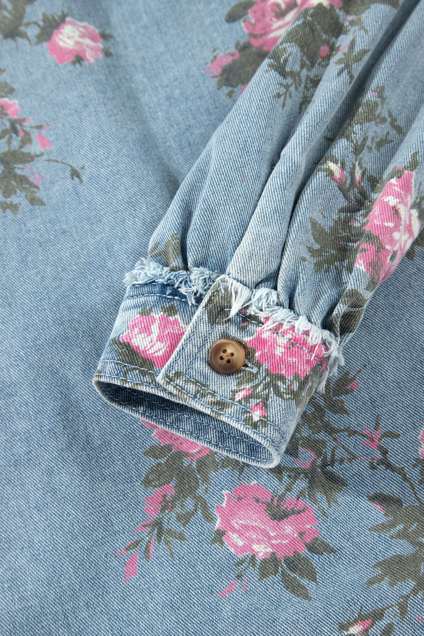 Sky Blue Floral Print Raw Seam Ruffle Hem Denim Jacket-Outerwear/Denim jackets-[Adult]-[Female]-2022 Online Blue Zone Planet