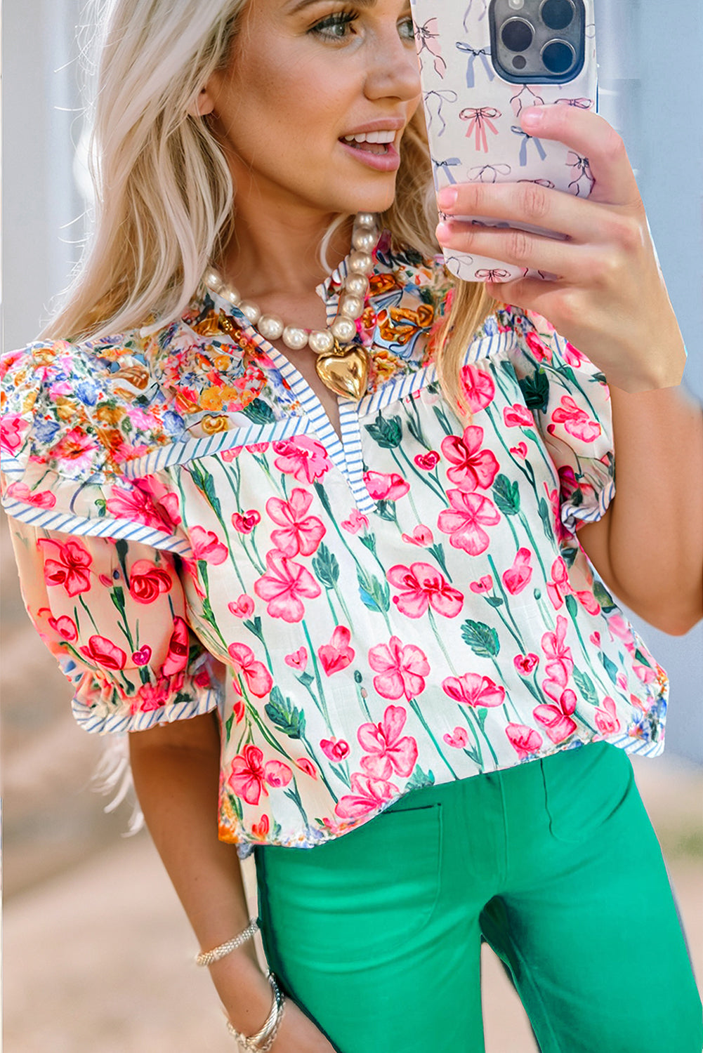 Pink Floral Print Striped Detail Split Neck Short Sleeve Blouse-Tops/Blouses & Shirts-[Adult]-[Female]-2022 Online Blue Zone Planet