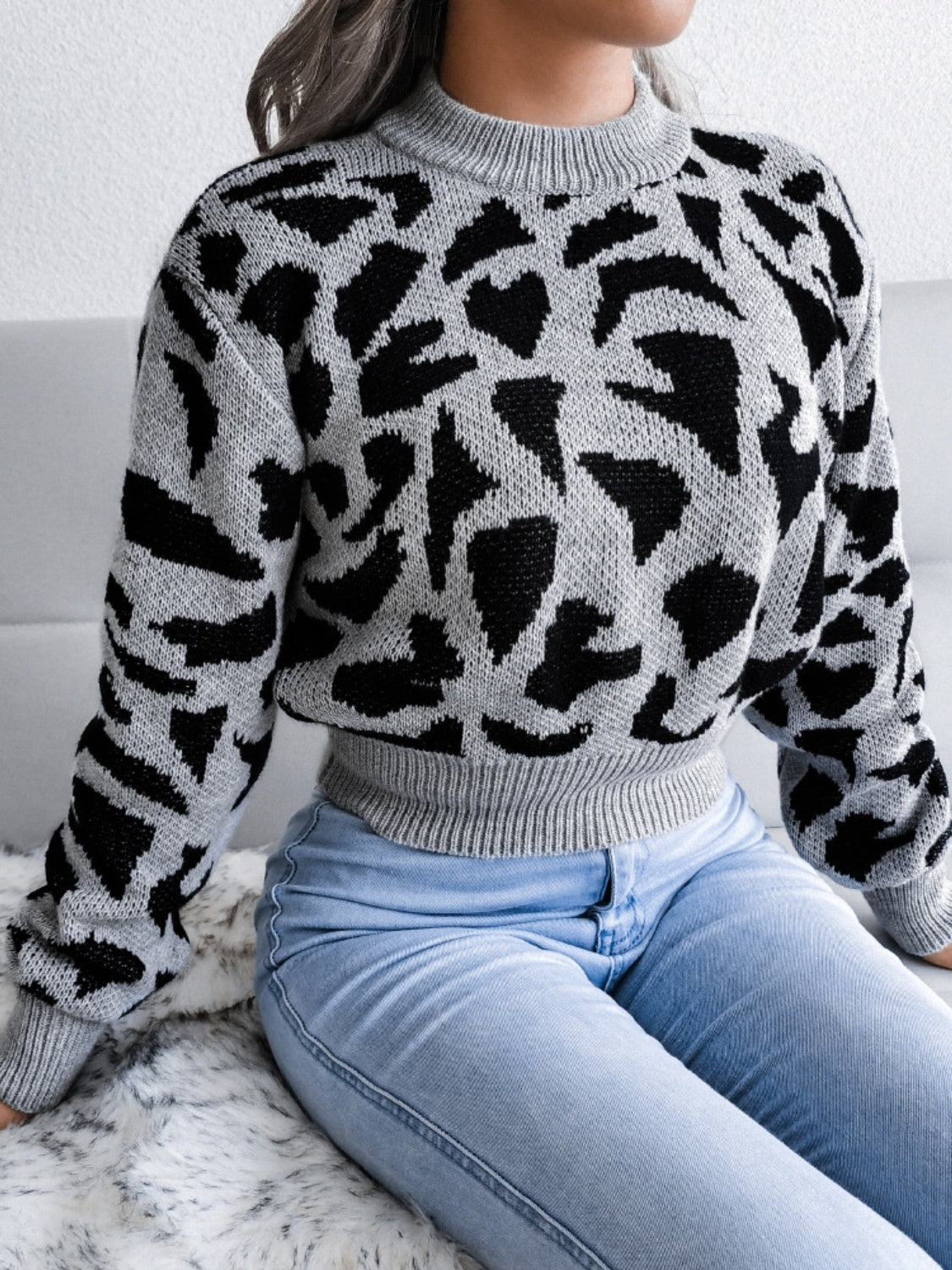 Blue Zone Planet | Leopard Round Neck Dropped Shoulder Sweater-TOPS / DRESSES-[Adult]-[Female]-2022 Online Blue Zone Planet