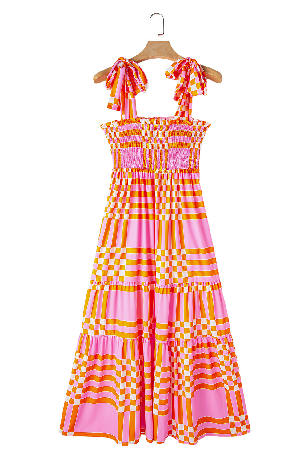 Pink Boho Gingham Tied Straps Smocked Maxi Dress-Dresses/Maxi Dresses-[Adult]-[Female]-2022 Online Blue Zone Planet