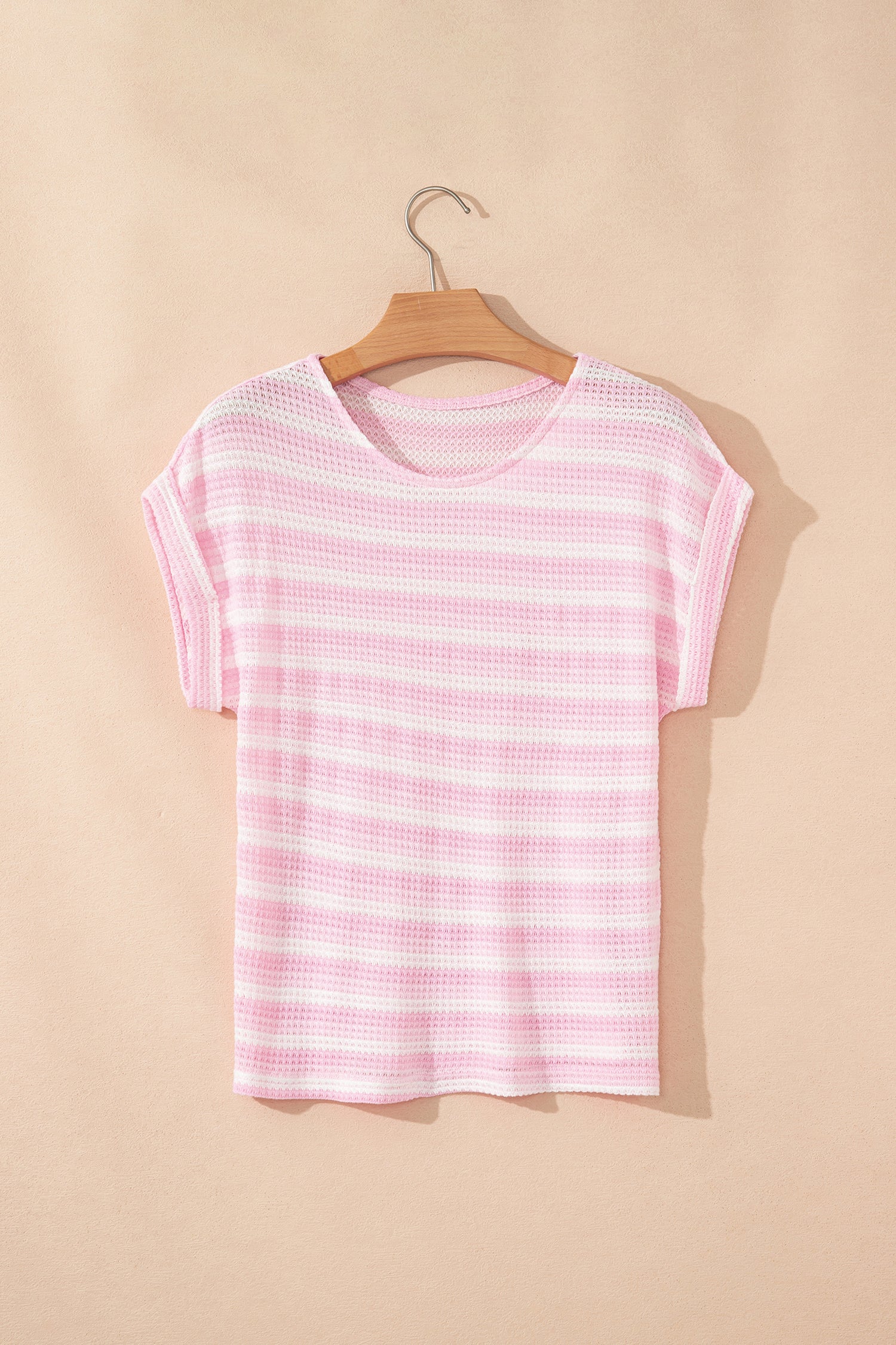 Pink Striped Print Waffle Knit T Shirt-Tops/Tops & Tees-[Adult]-[Female]-2022 Online Blue Zone Planet