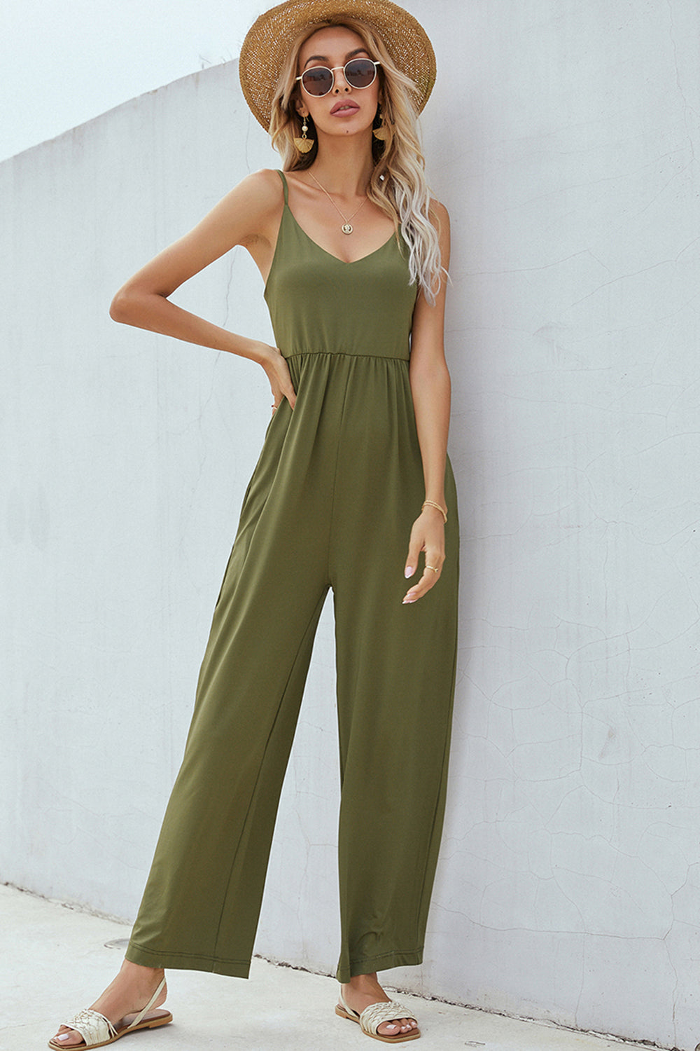 V-Neck Spaghetti Strap Wide Leg Jumpsuit-TOPS / DRESSES-[Adult]-[Female]-2022 Online Blue Zone Planet