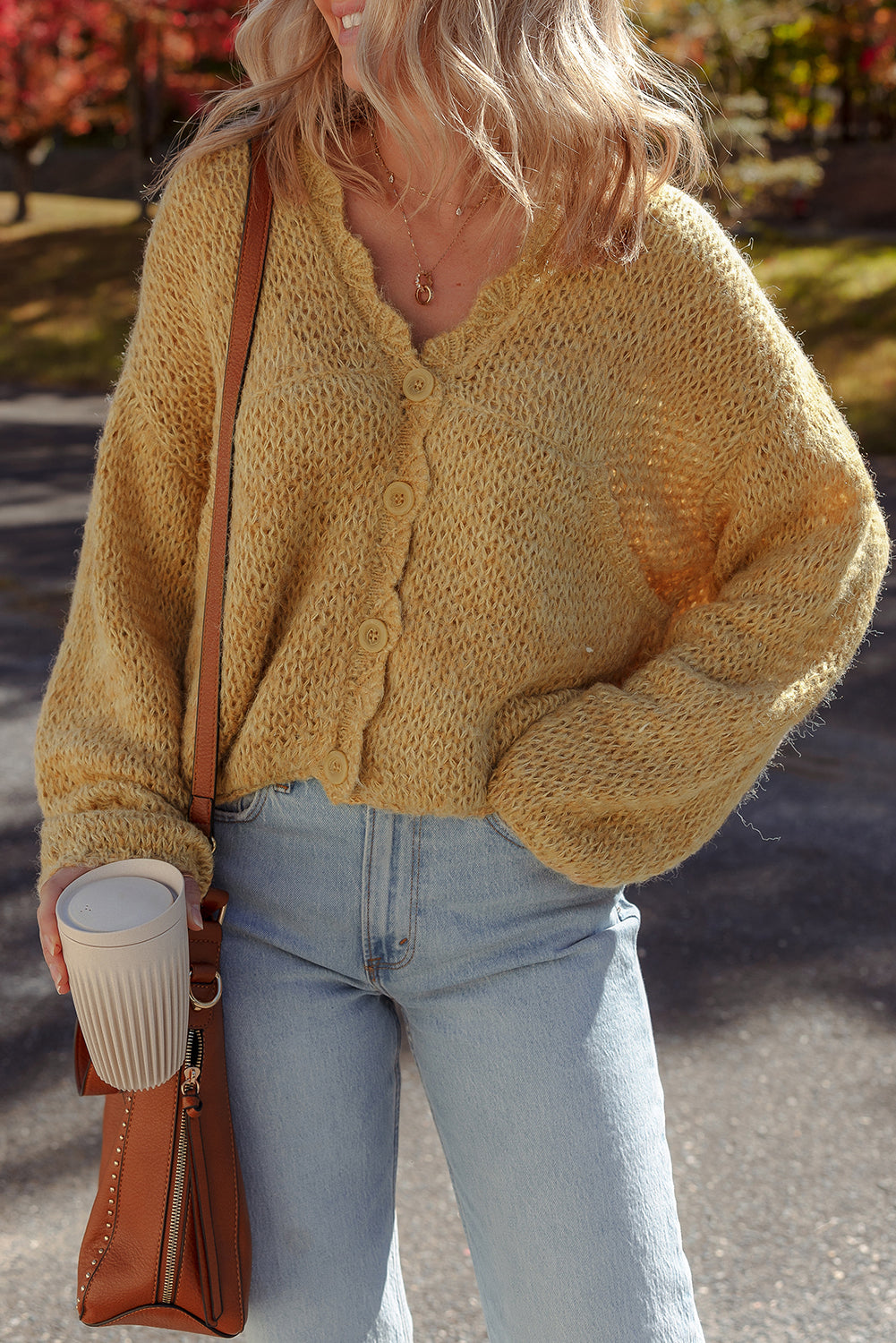 Light French Beige Lantern Sleeve Scallop V Neck Buttoned Front Cardigan-Sweaters & Cardigans/Cardigans-[Adult]-[Female]-Light French Beige-S-2022 Online Blue Zone Planet