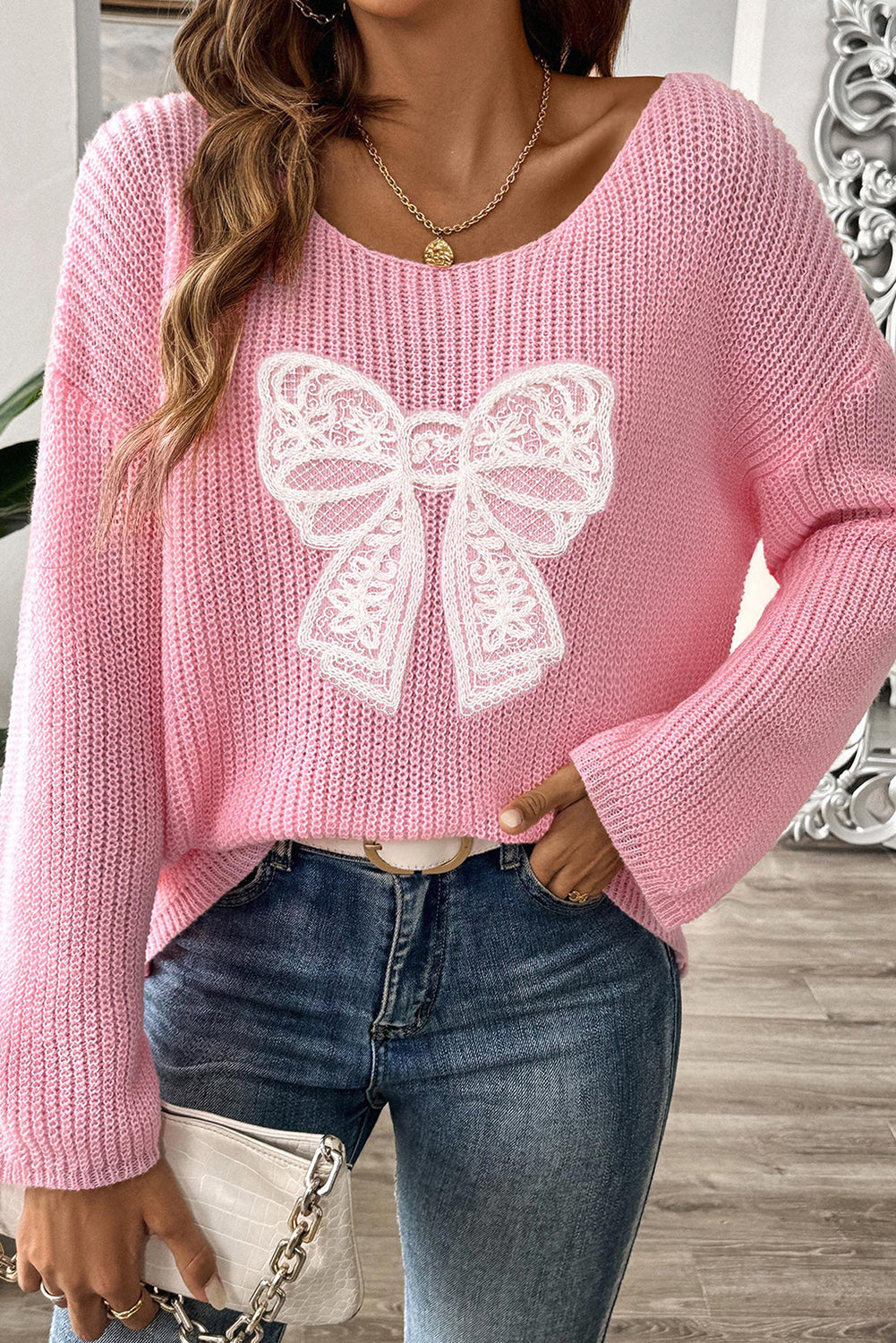 Pink Sweet Lace Bow Round Neck Knit Sweater-Sweaters-[Adult]-[Female]-2022 Online Blue Zone Planet