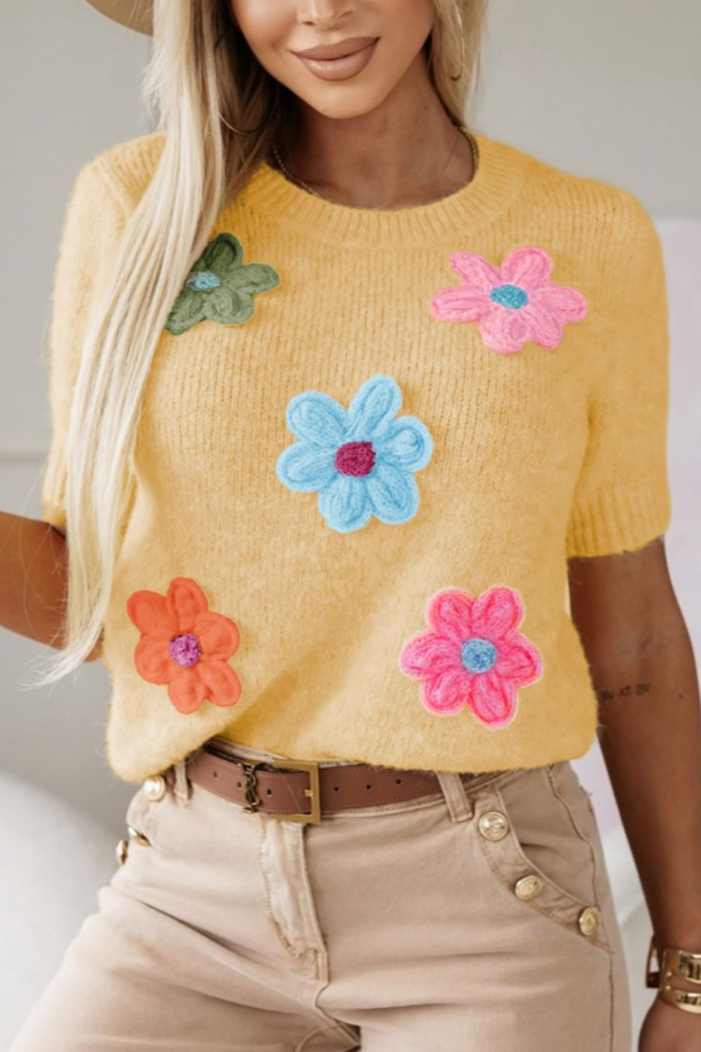 Flower Round Neck Short Sleeve Sweater-TOPS / DRESSES-[Adult]-[Female]-Pastel Yellow-S-2022 Online Blue Zone Planet